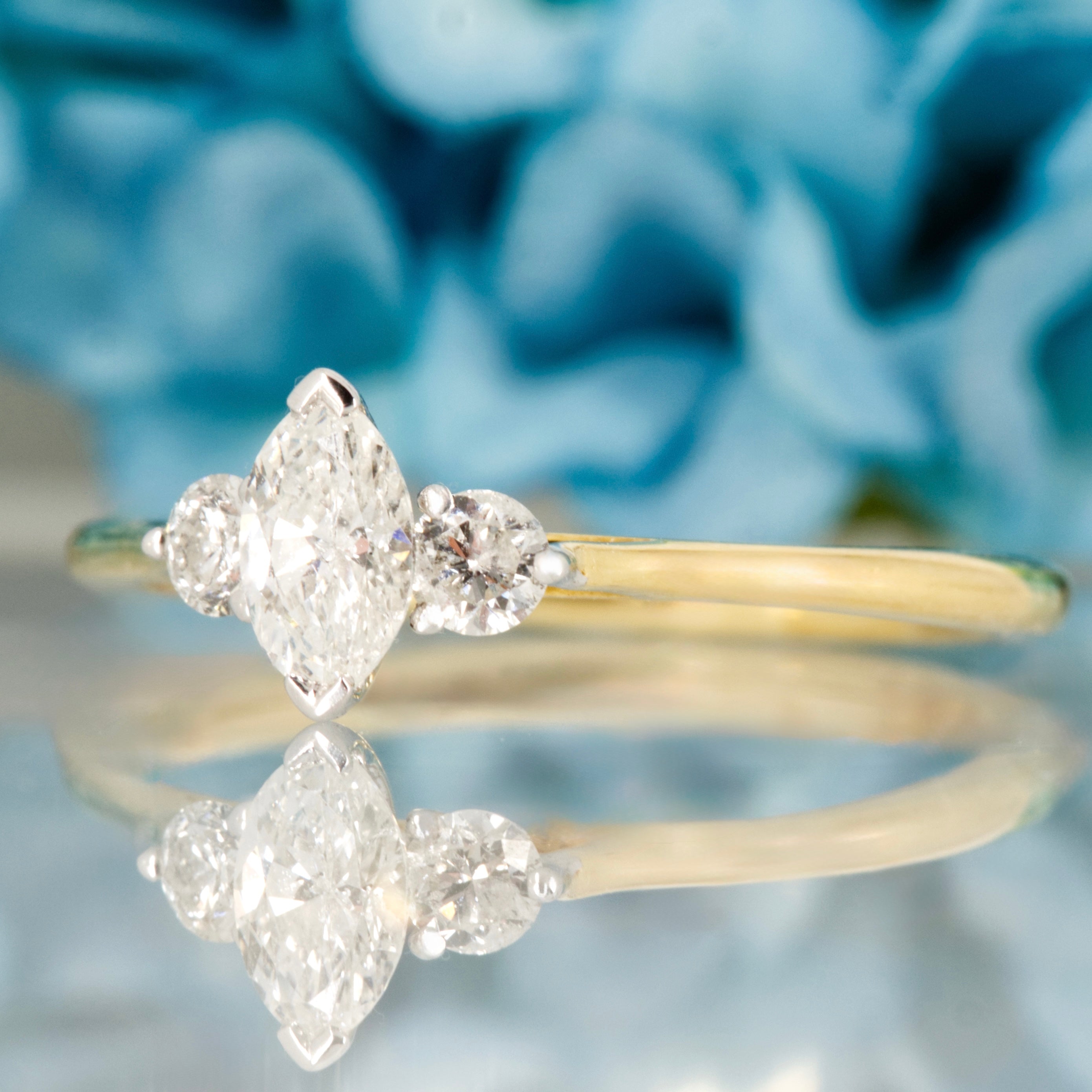 18ct Yellow Gold 0.45ct Marquise & Round Brilliant Cut Lab Grown Diamond Trilogy Ring
