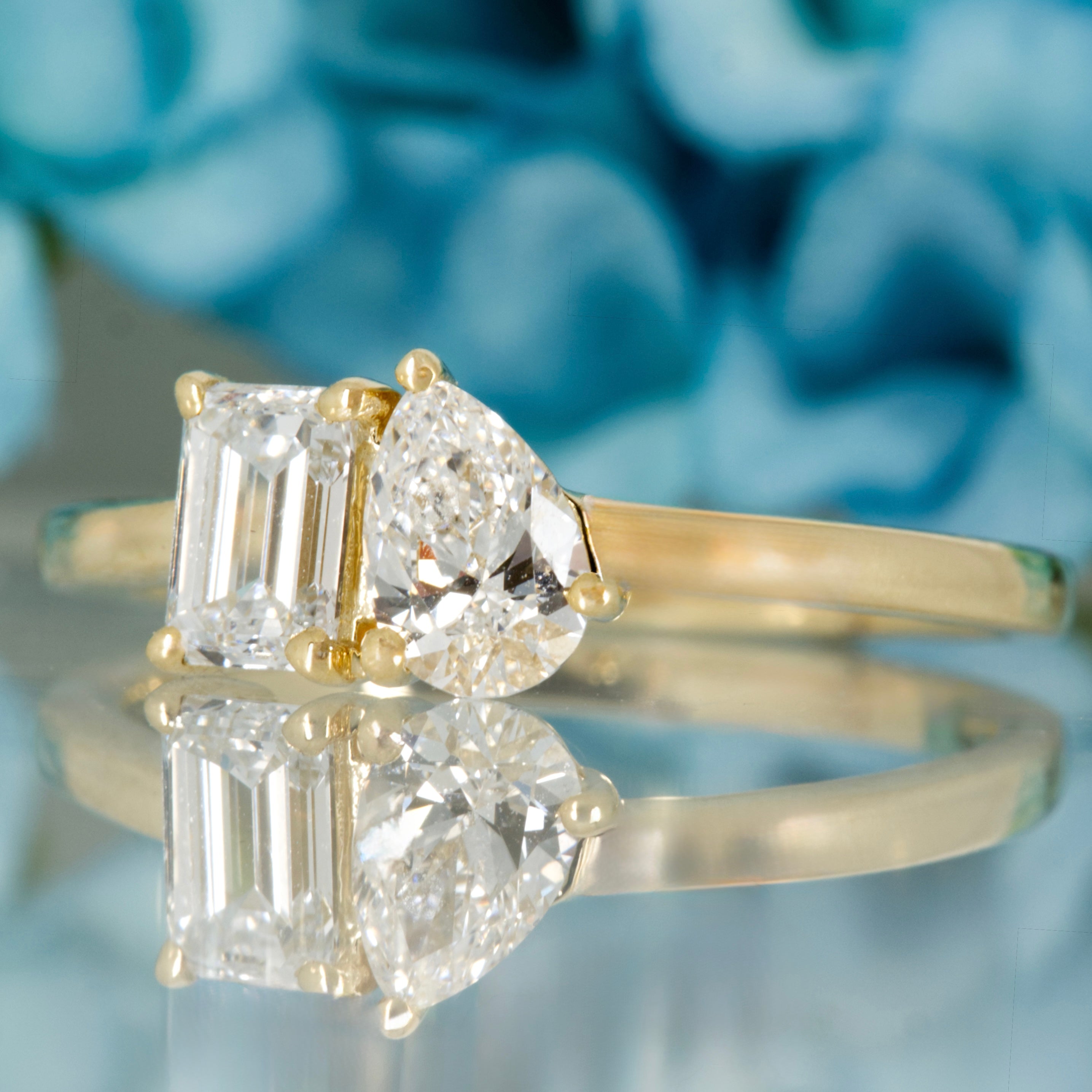 9ct Yellow Gold 0.97ct Emerald & Pear Cut Lab Grown Diamond Toi et Moi Ring