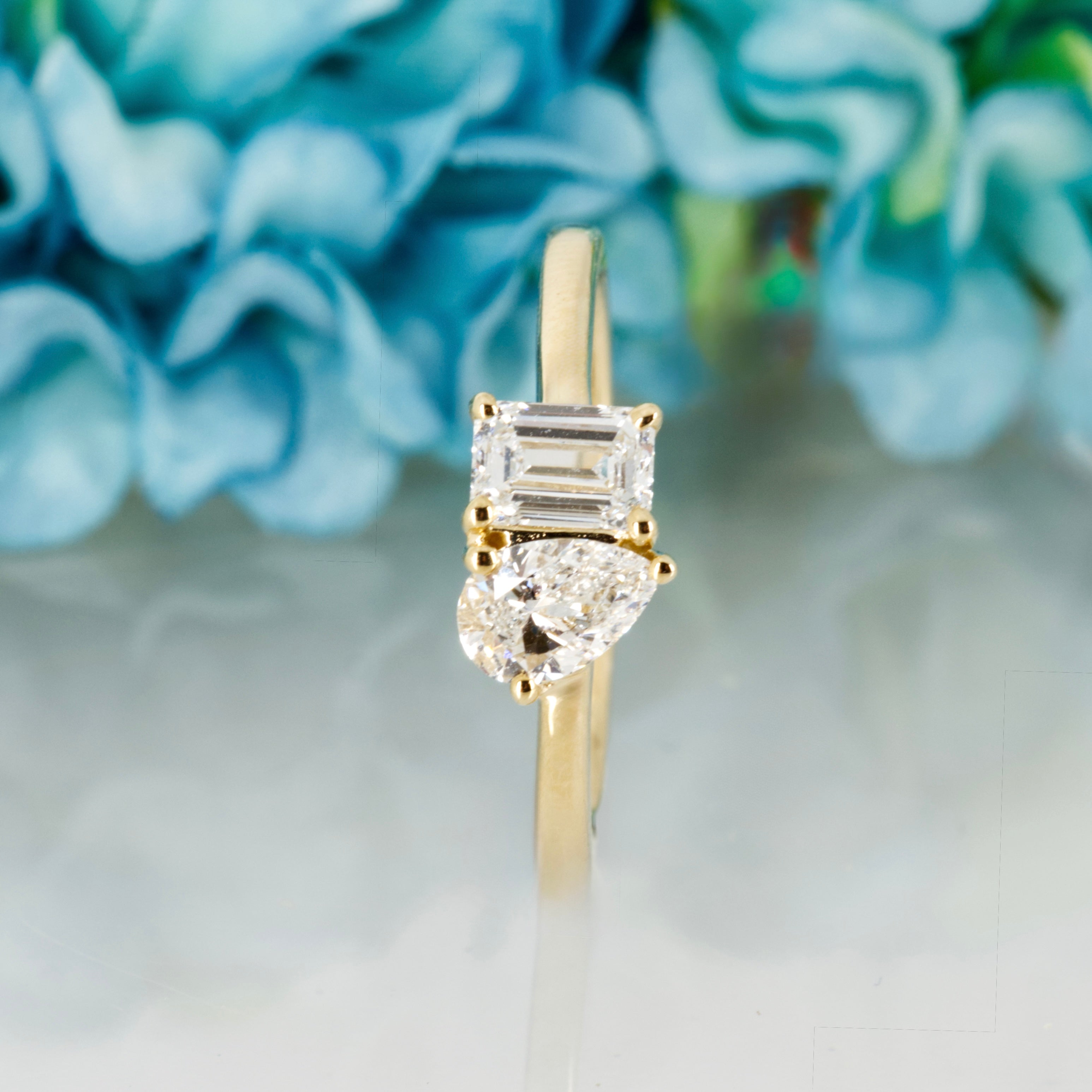 9ct Yellow Gold 0.97ct Emerald & Pear Cut Lab Grown Diamond Toi et Moi Ring