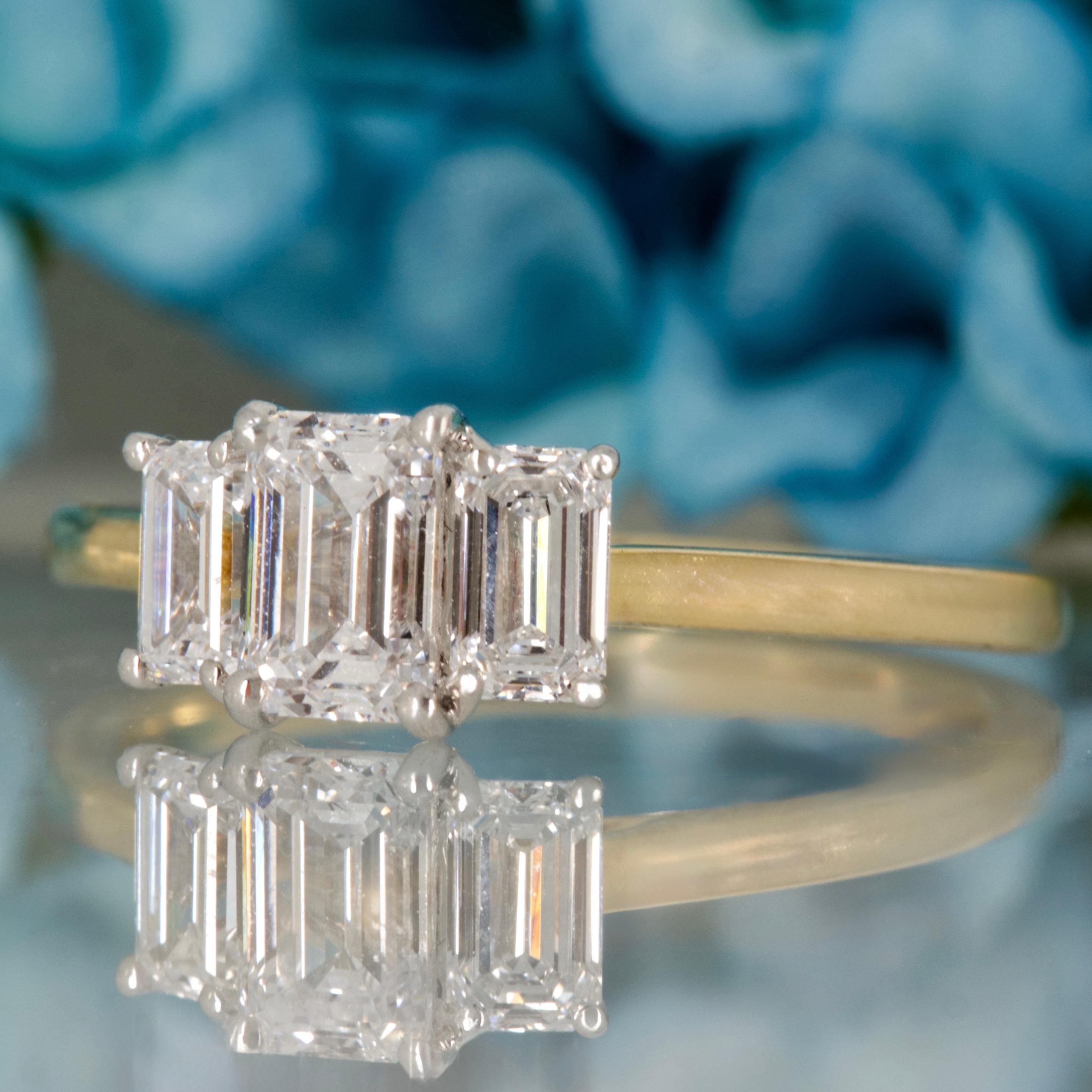 9ct Yellow Gold 1.39ct Emerald Cut Lab Grown Diamond Trilogy Ring
