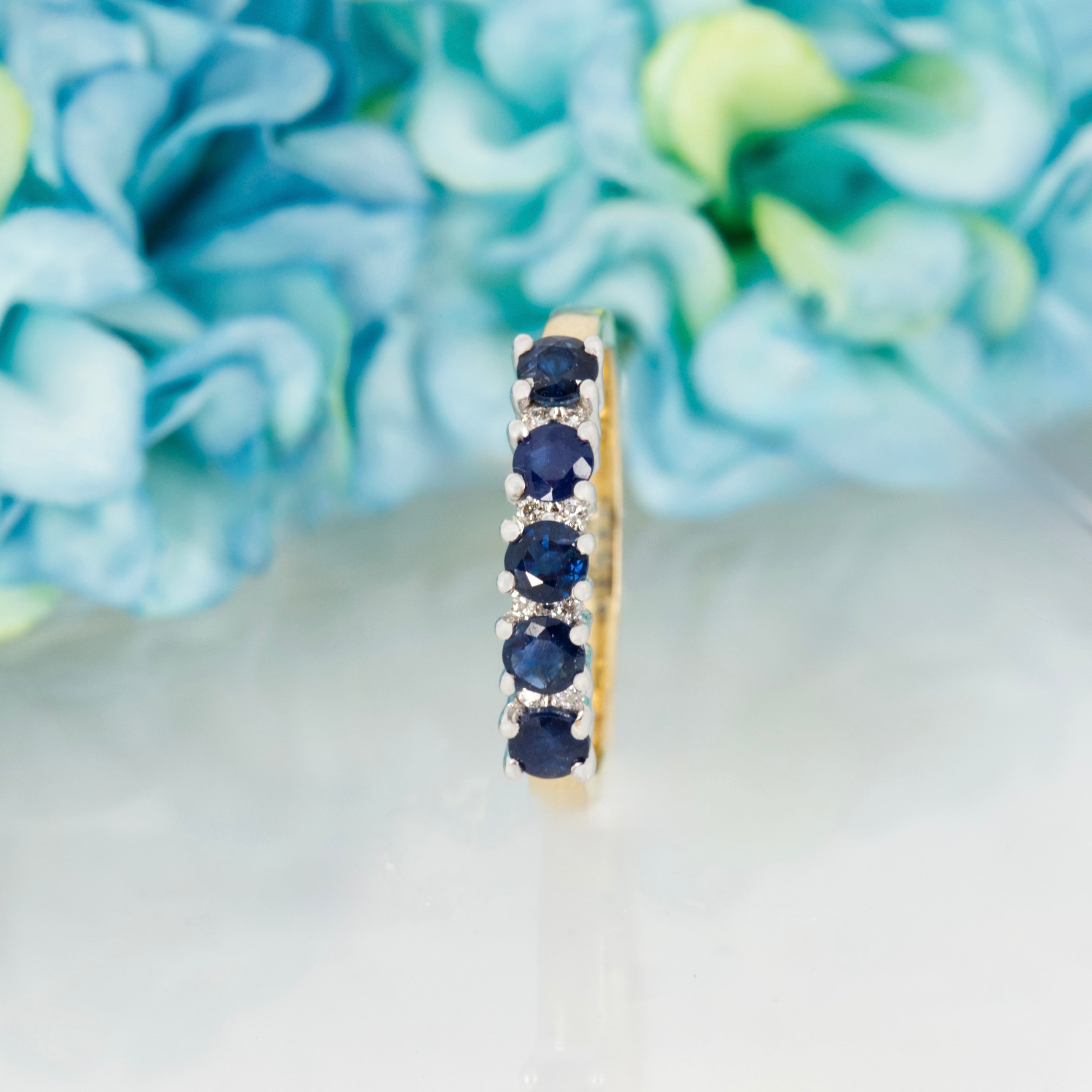 9ct Yellow Gold Round Cut Sapphire & Round Brilliant Cut Diamond Half Eternity Ring
