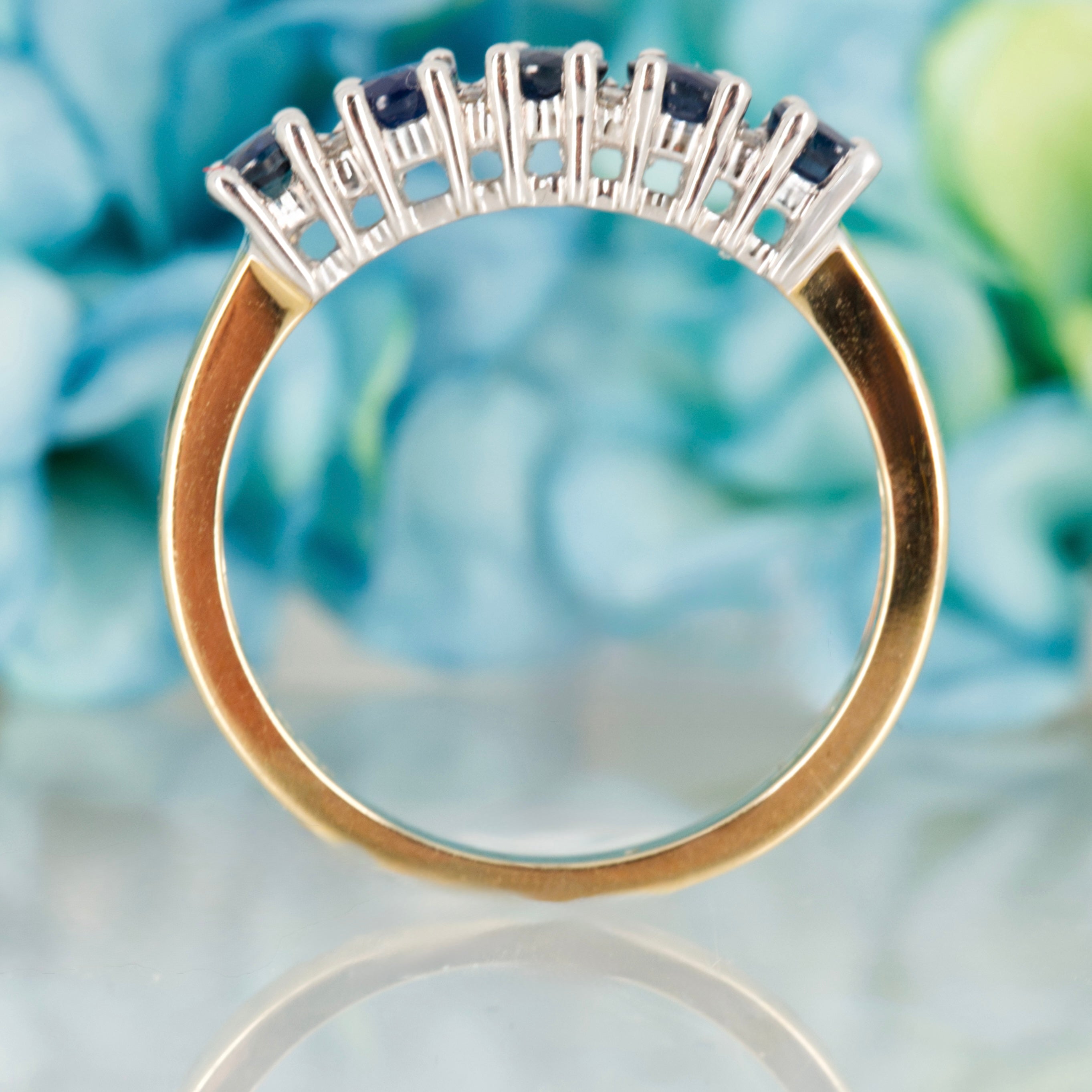 9ct Yellow Gold Round Cut Sapphire & Round Brilliant Cut Diamond Half Eternity Ring