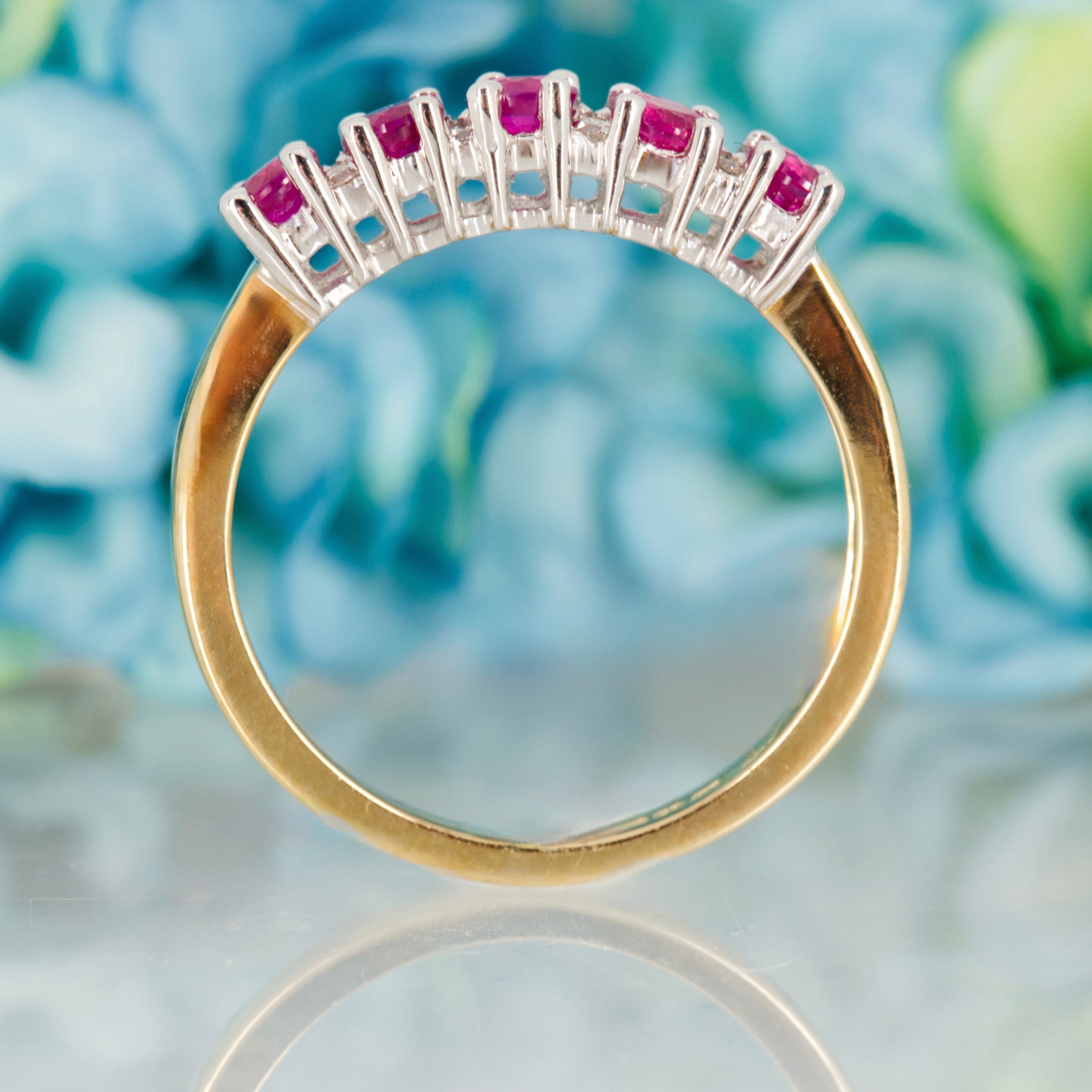 9ct Yellow Gold Round Cut Ruby & Round Brilliant Cut Diamond Half Eternity Ring