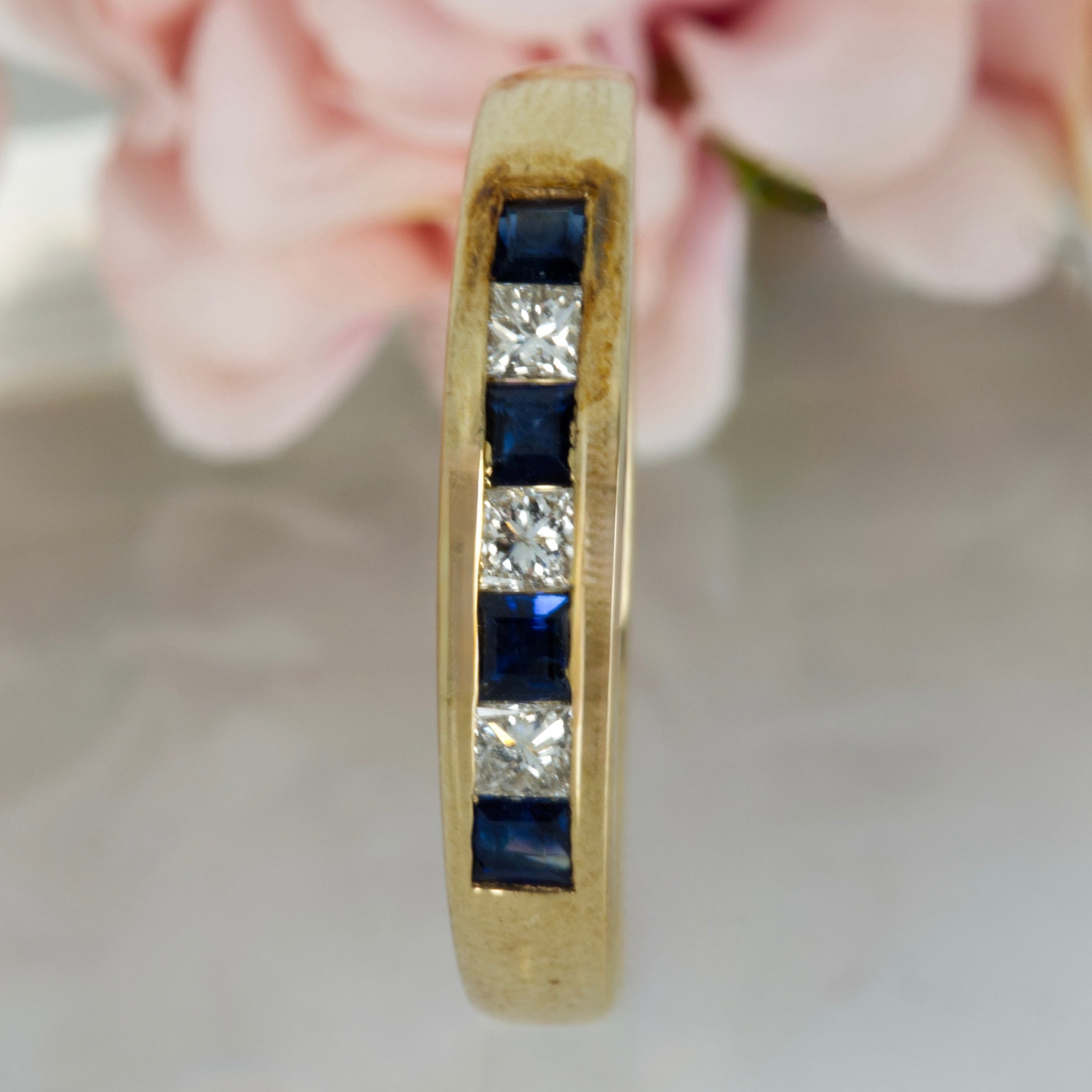 9ct Yellow Gold Princess Cut Sapphire & Diamond Channel Set Half Eternity Ring