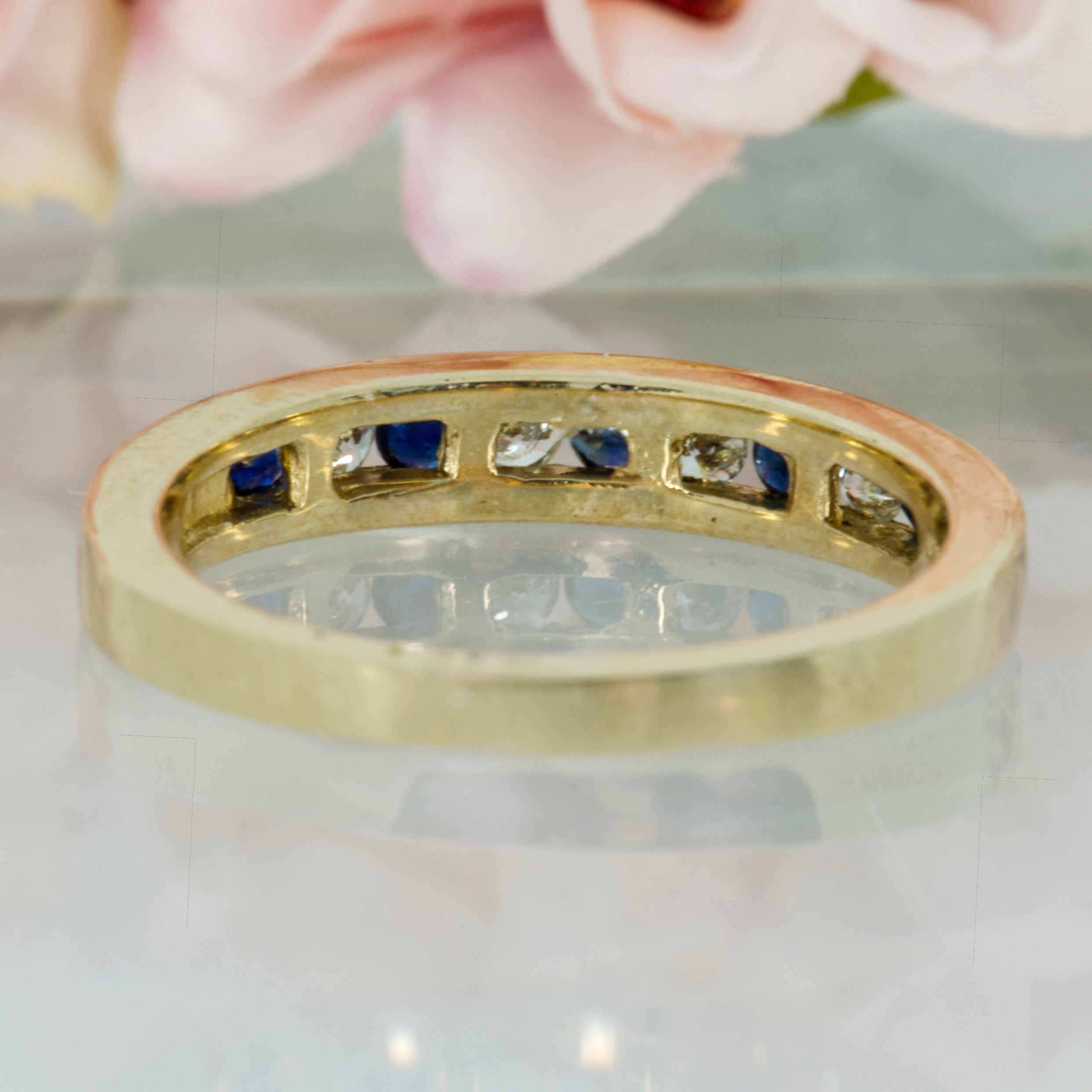 9ct Yellow Gold Round Cut Sapphire & Round Brilliant Cut Diamond Channel Set Half Eternity Ring