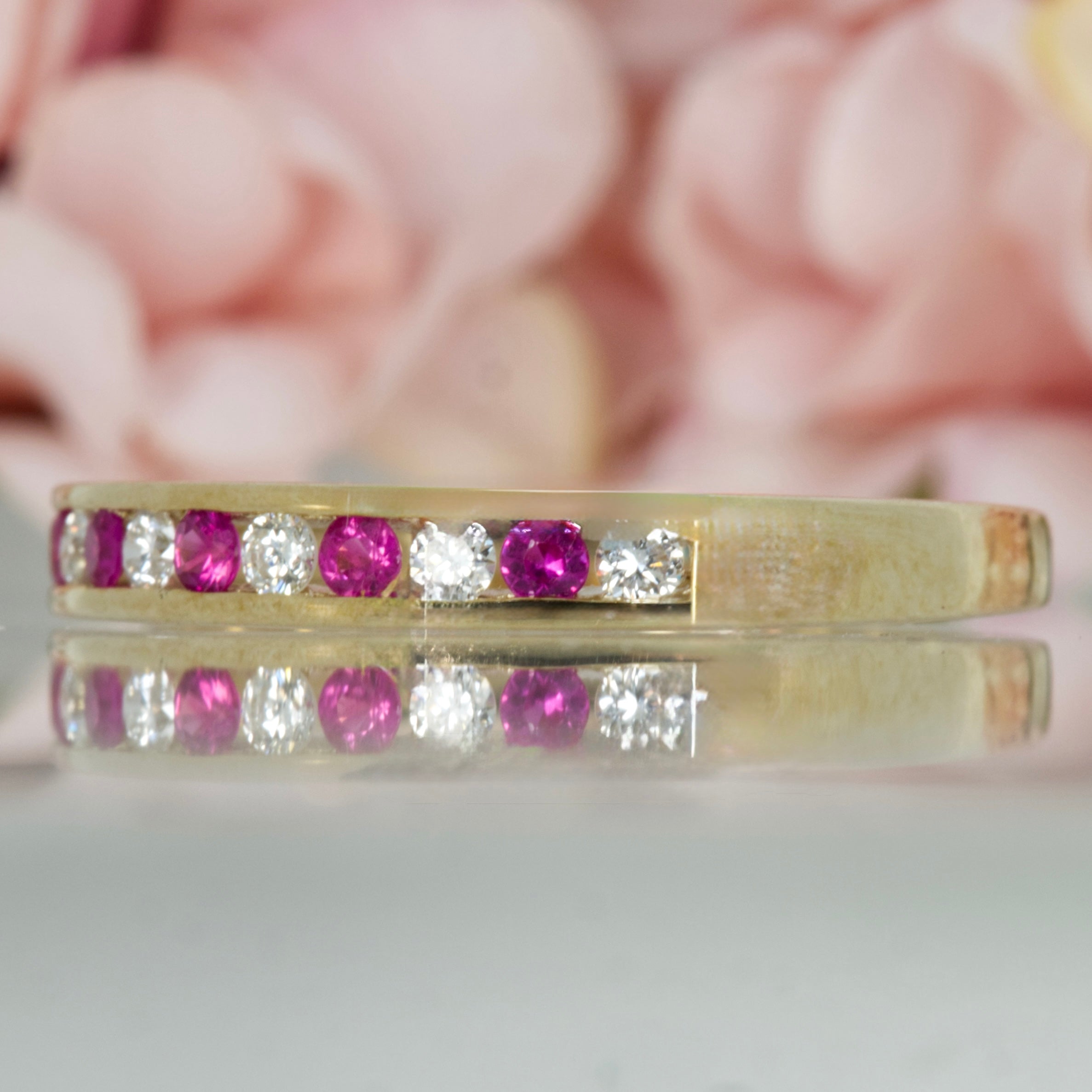 9ct Yellow Gold Round Cut Ruby & Round Brilliant Cut Diamond Channel Set Half Eternity Ring