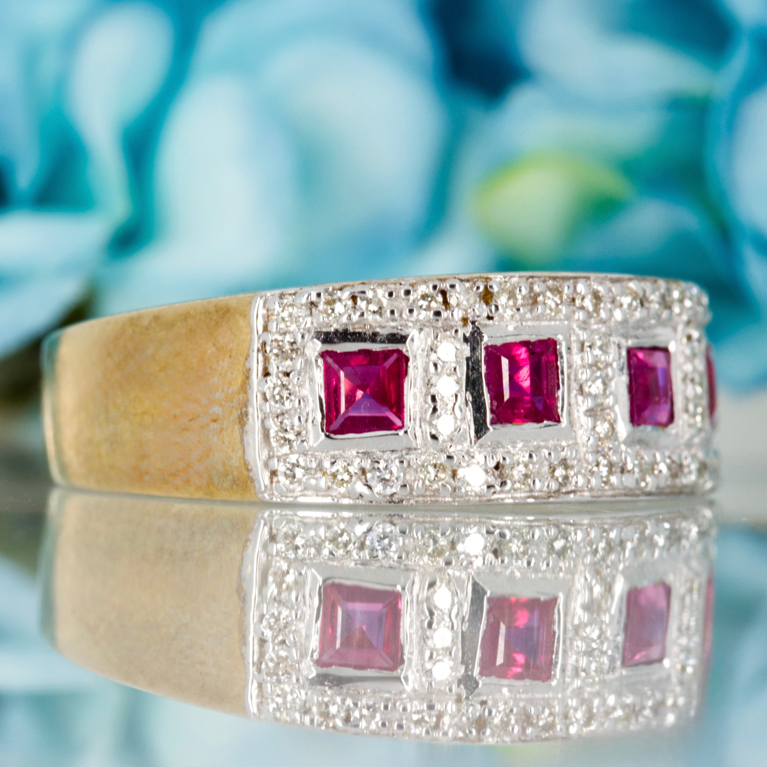 9ct Yellow Gold Princess Cut Ruby & Round Brilliant Cut Diamond Cluster Style Half Eternity Ring