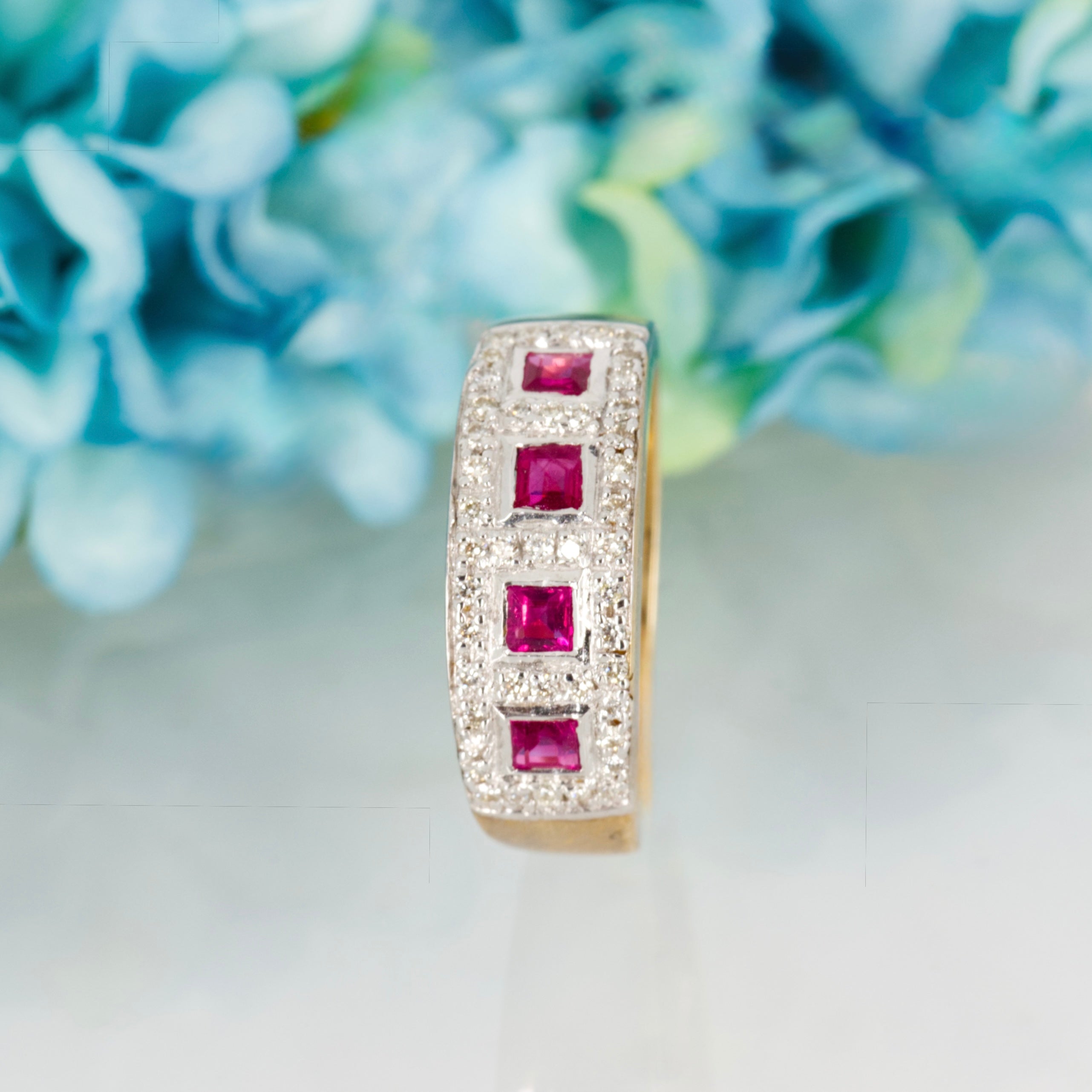 9ct Yellow Gold Princess Cut Ruby & Round Brilliant Cut Diamond Cluster Style Half Eternity Ring