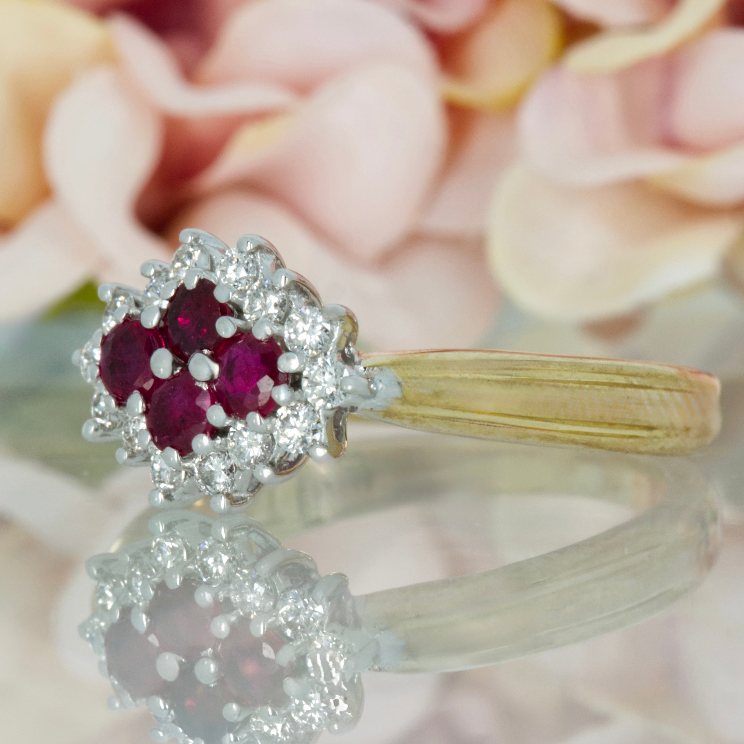 9ct Yellow Gold Round Cut Ruby & Round Brilliant Cut Diamond Cluster Ring