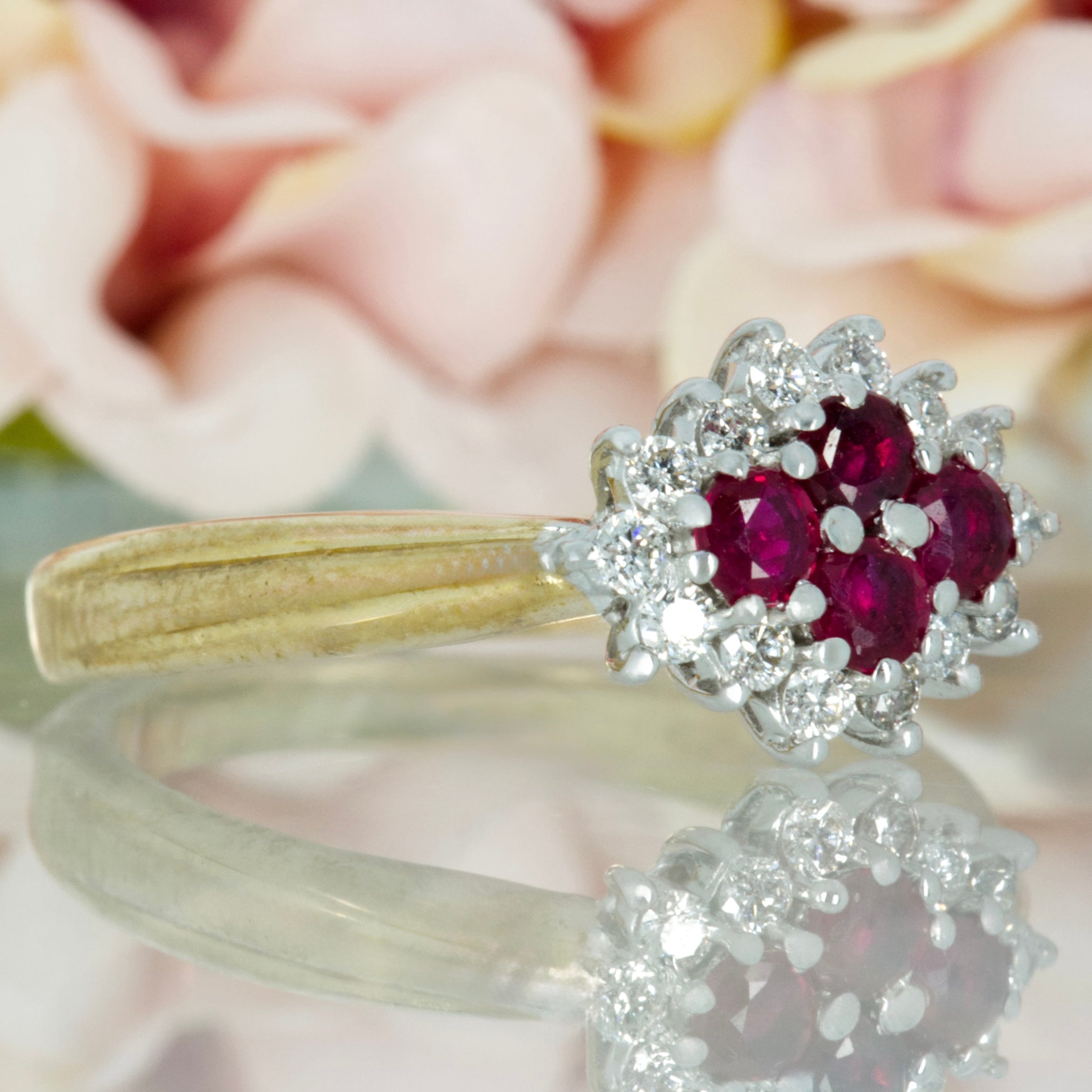 9ct Yellow Gold Round Cut Ruby & Round Brilliant Cut Diamond Cluster Ring