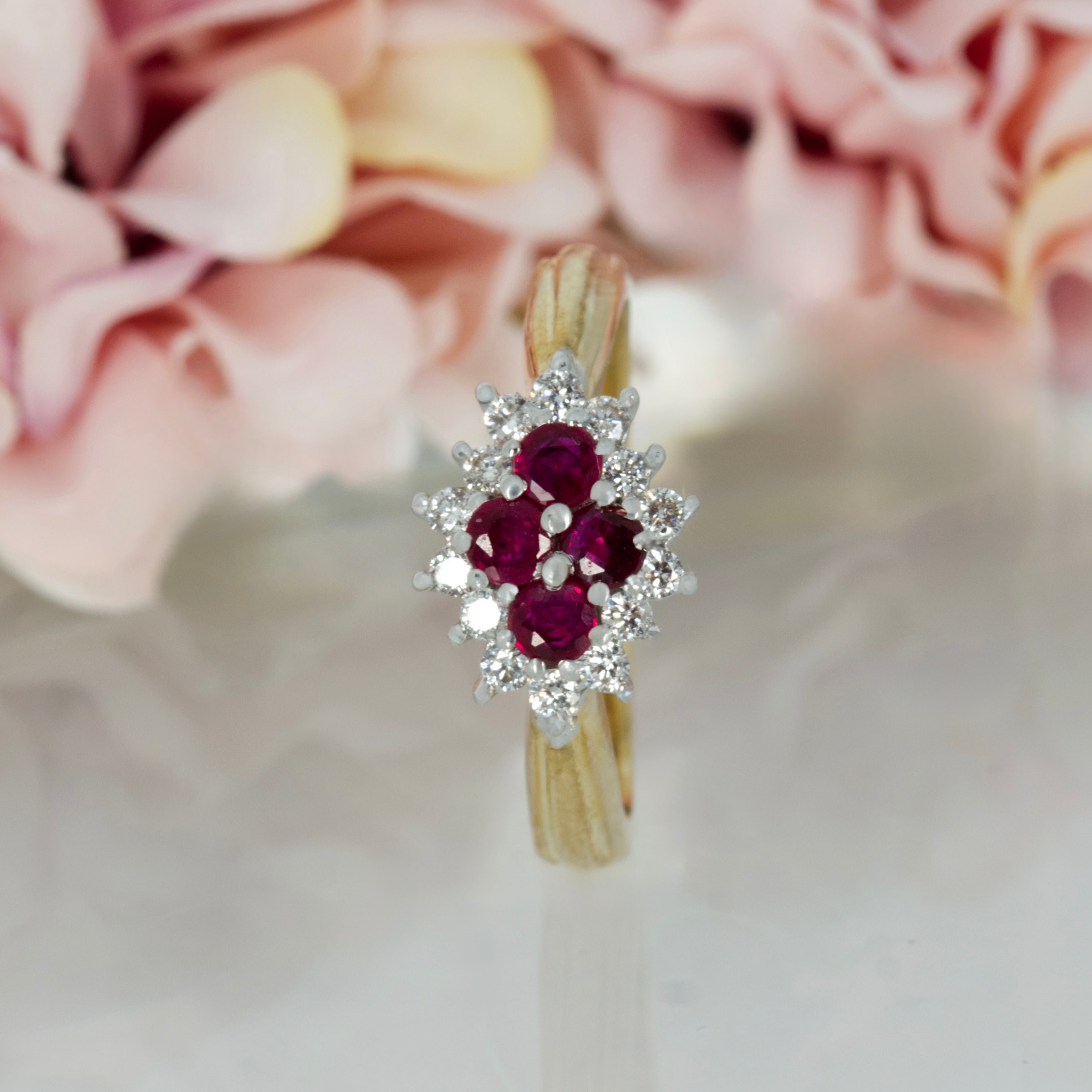 9ct Yellow Gold Round Cut Ruby & Round Brilliant Cut Diamond Cluster Ring