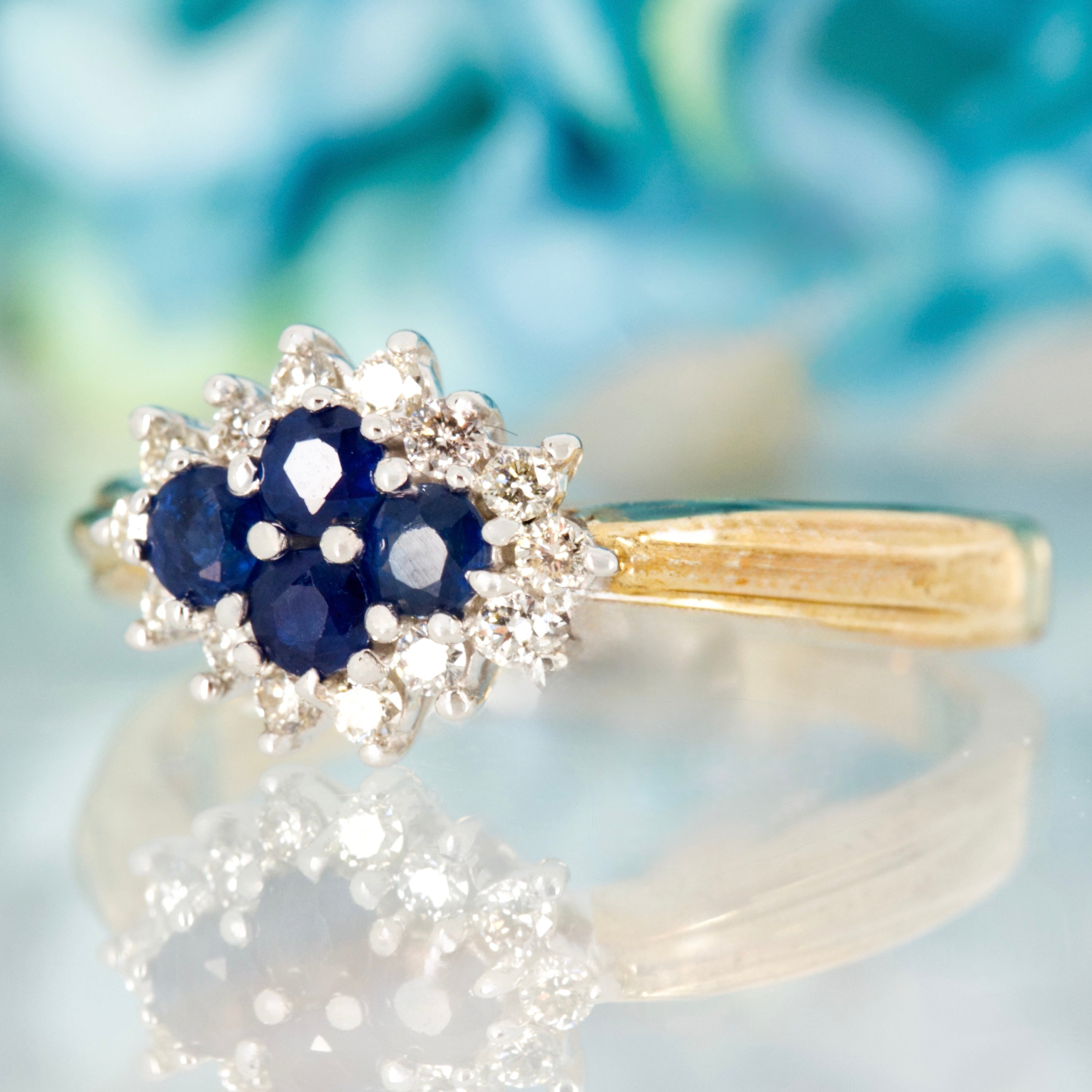 9ct Yellow Gold Round Cut Sapphire & Diamond Cluster Ring