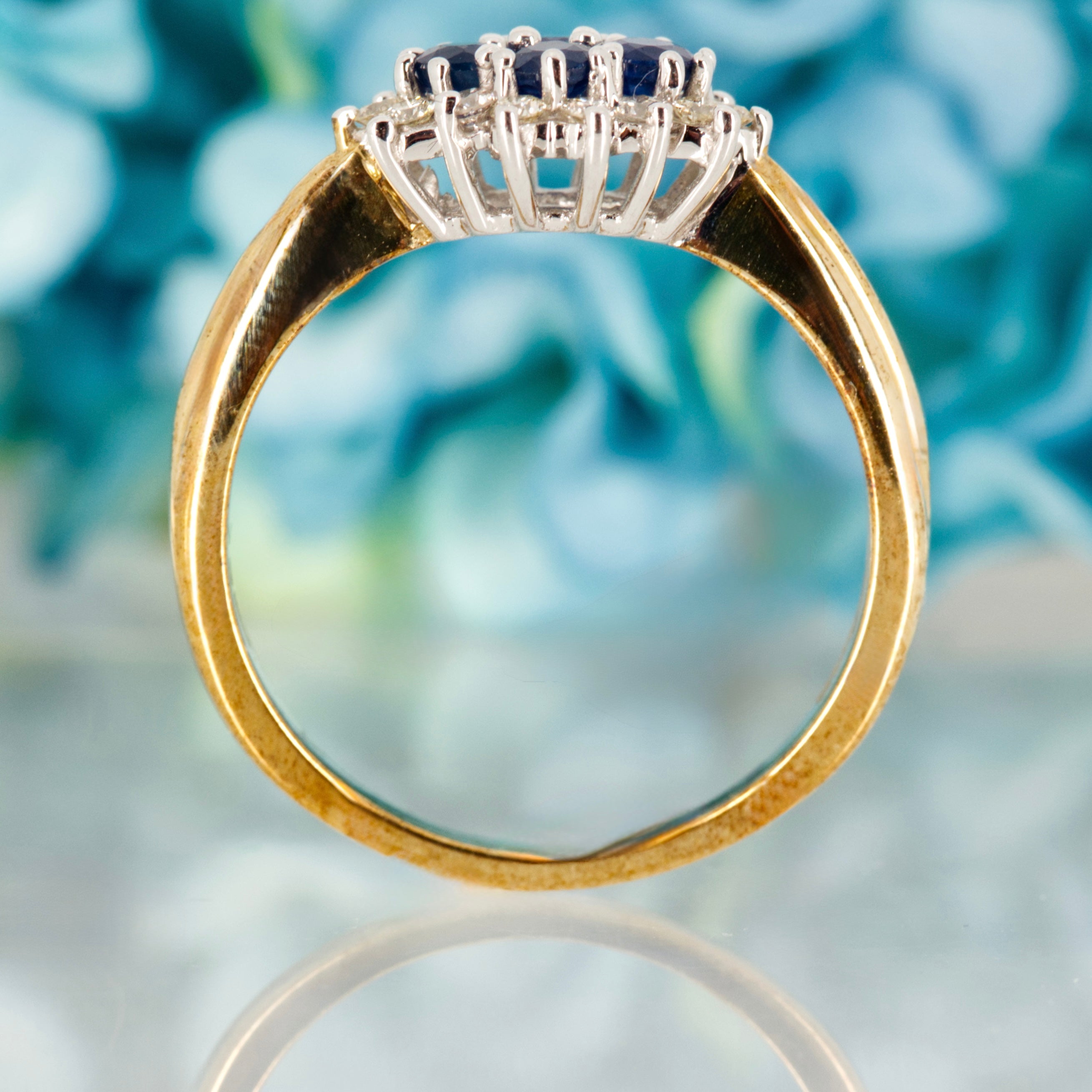 9ct Yellow Gold Round Cut Sapphire & Diamond Cluster Ring