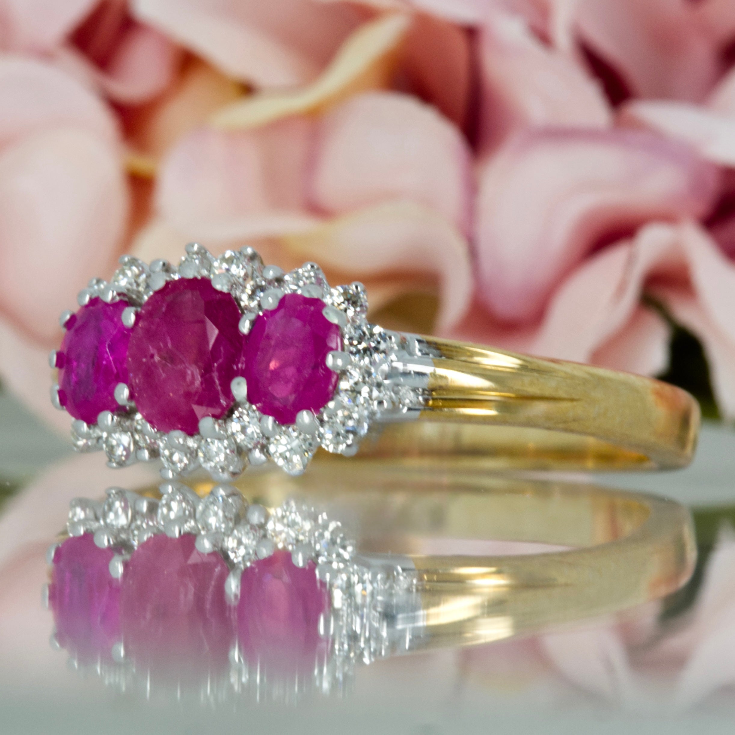 9ct Yellow Gold Oval Cut Ruby & Round Brilliant Cut Diamond Cluster Ring