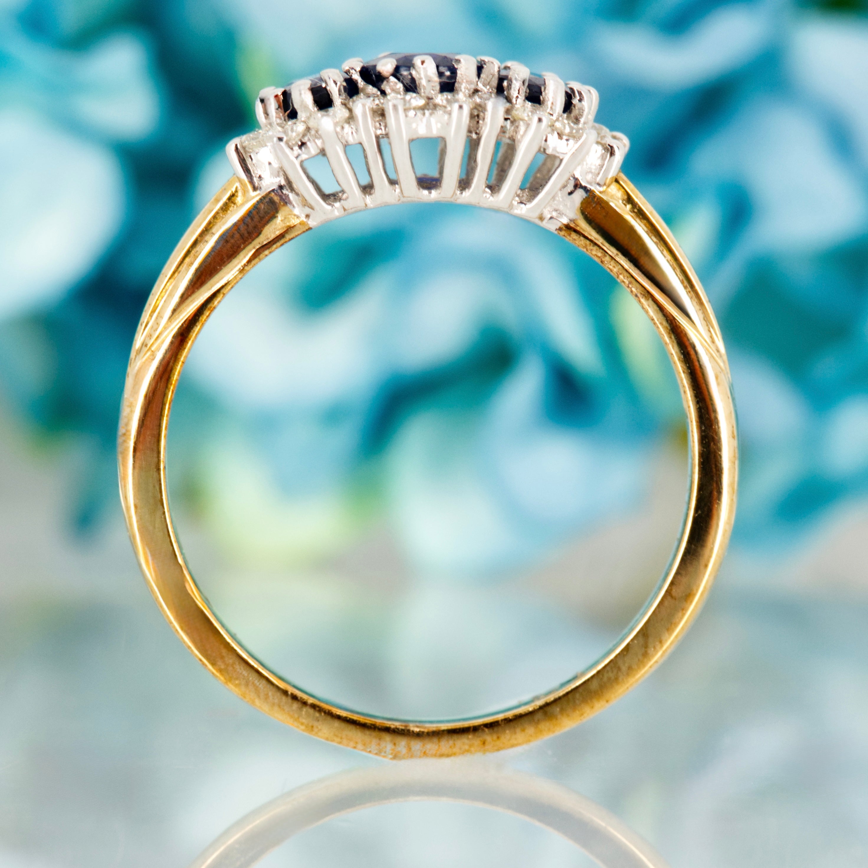 9ct Yellow Gold Oval Cut Sapphire & Round Brilliant Cut Diamond Triple Cluster Ring