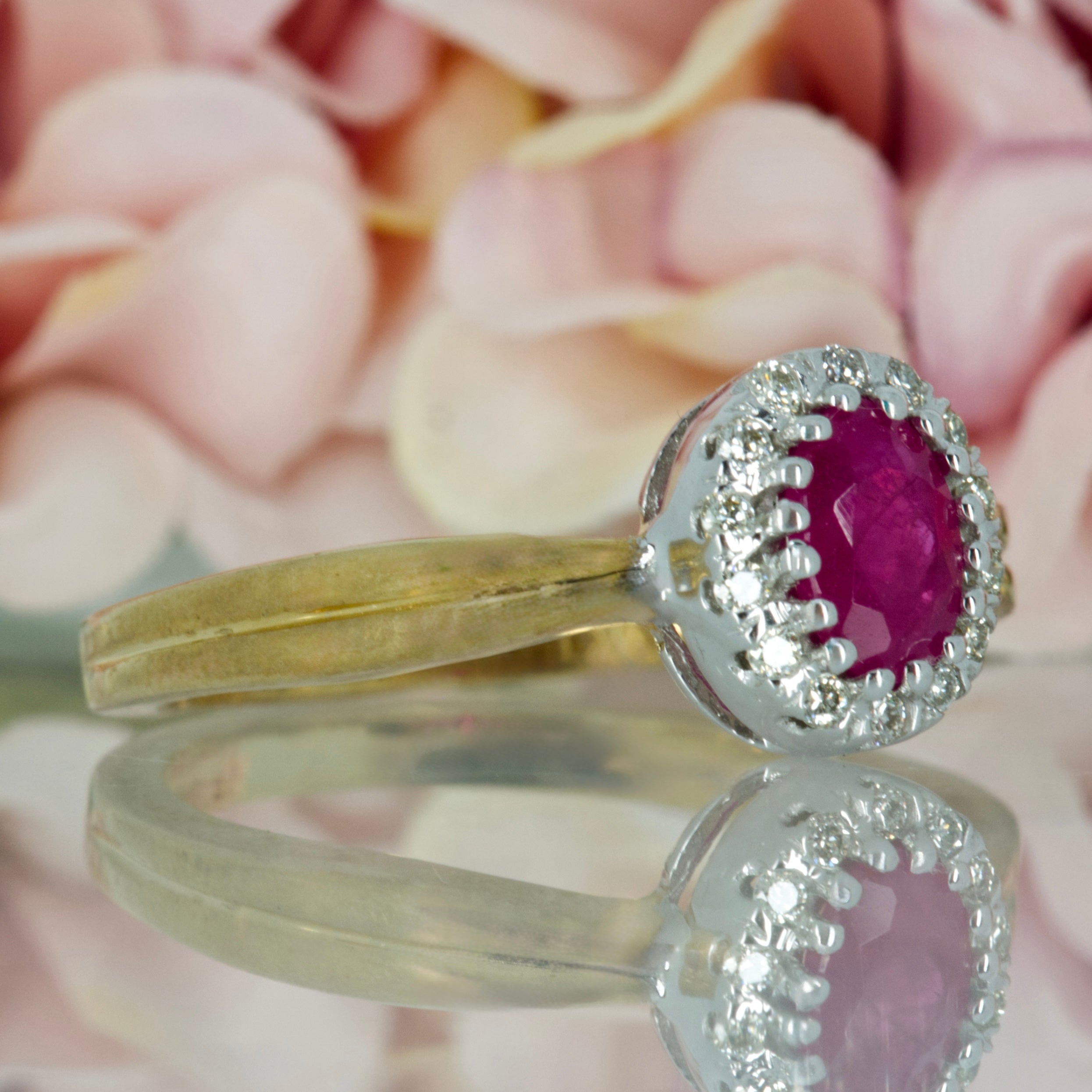 9ct Yellow Gold Oval Cut Ruby & Round Brilliant Cut Diamond Halo Cluster Ring