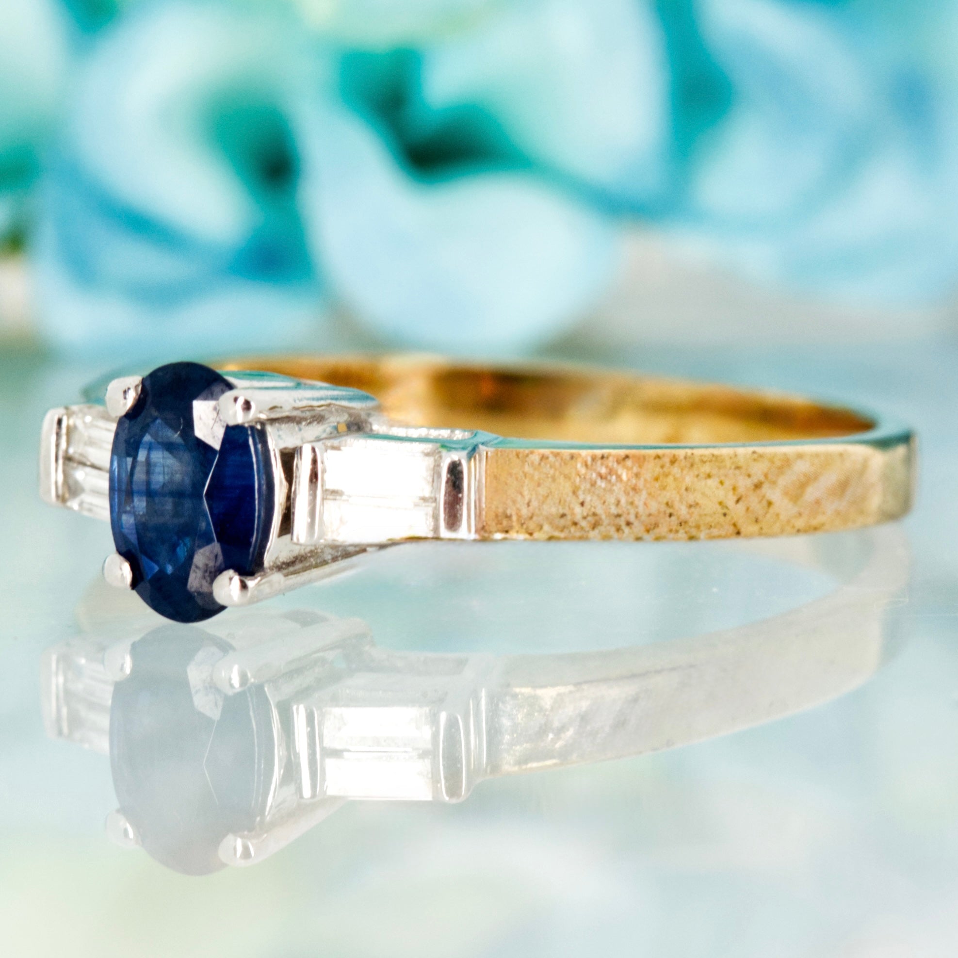 9ct Yellow Gold Oval Cut Sapphire & Baguette Cut Diamond Ring