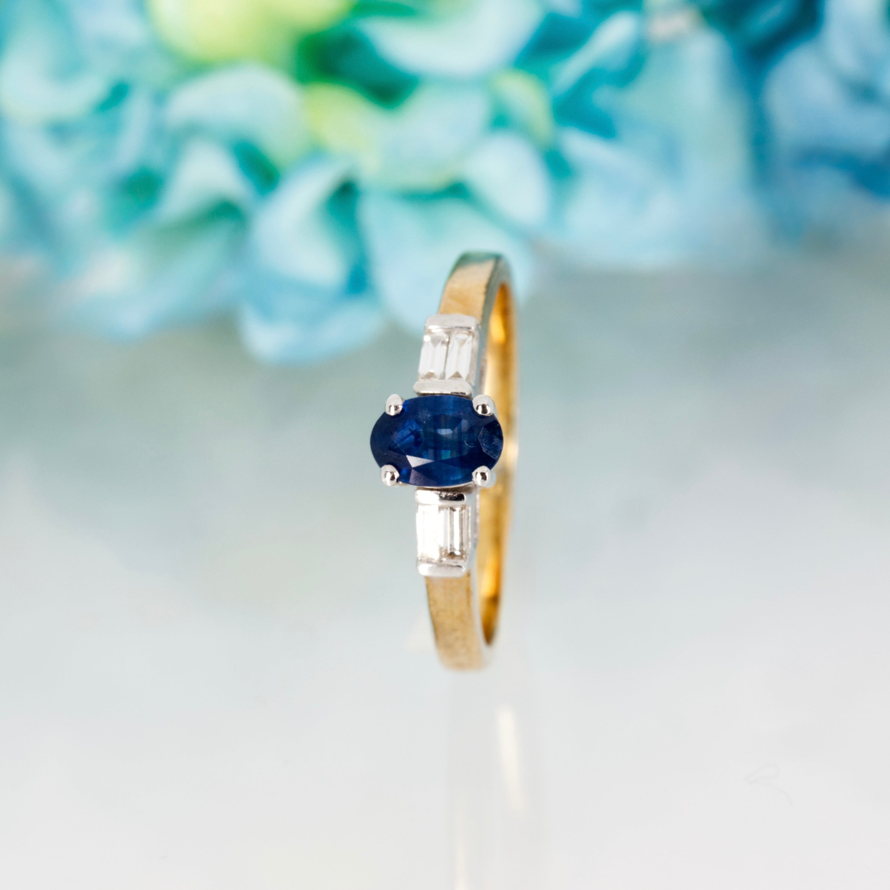 9ct Yellow Gold Oval Cut Sapphire & Baguette Cut Diamond Ring