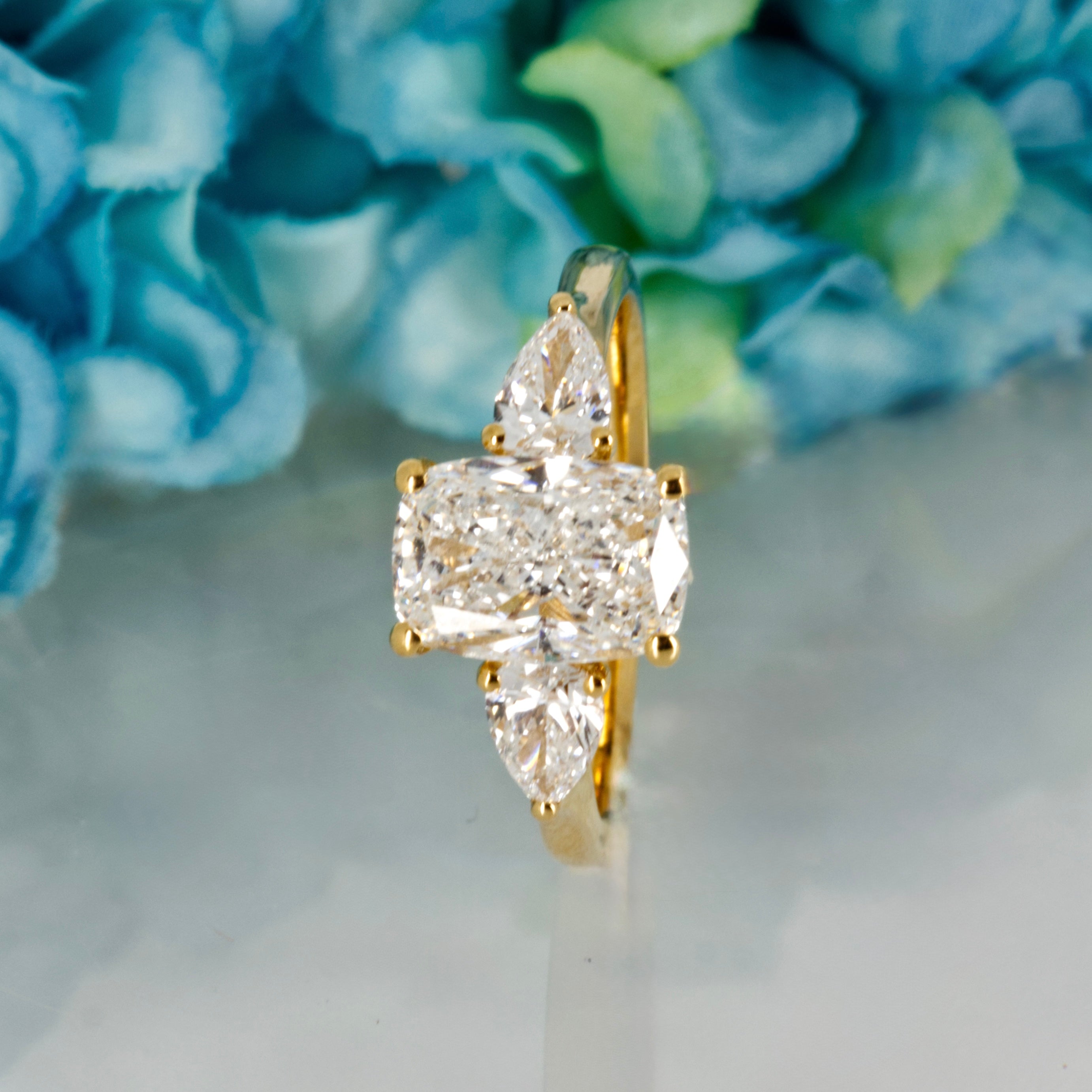18ct Yellow Gold 2.59ct Cushion & Pear Cut Lab Grown Diamond Trilogy Ring