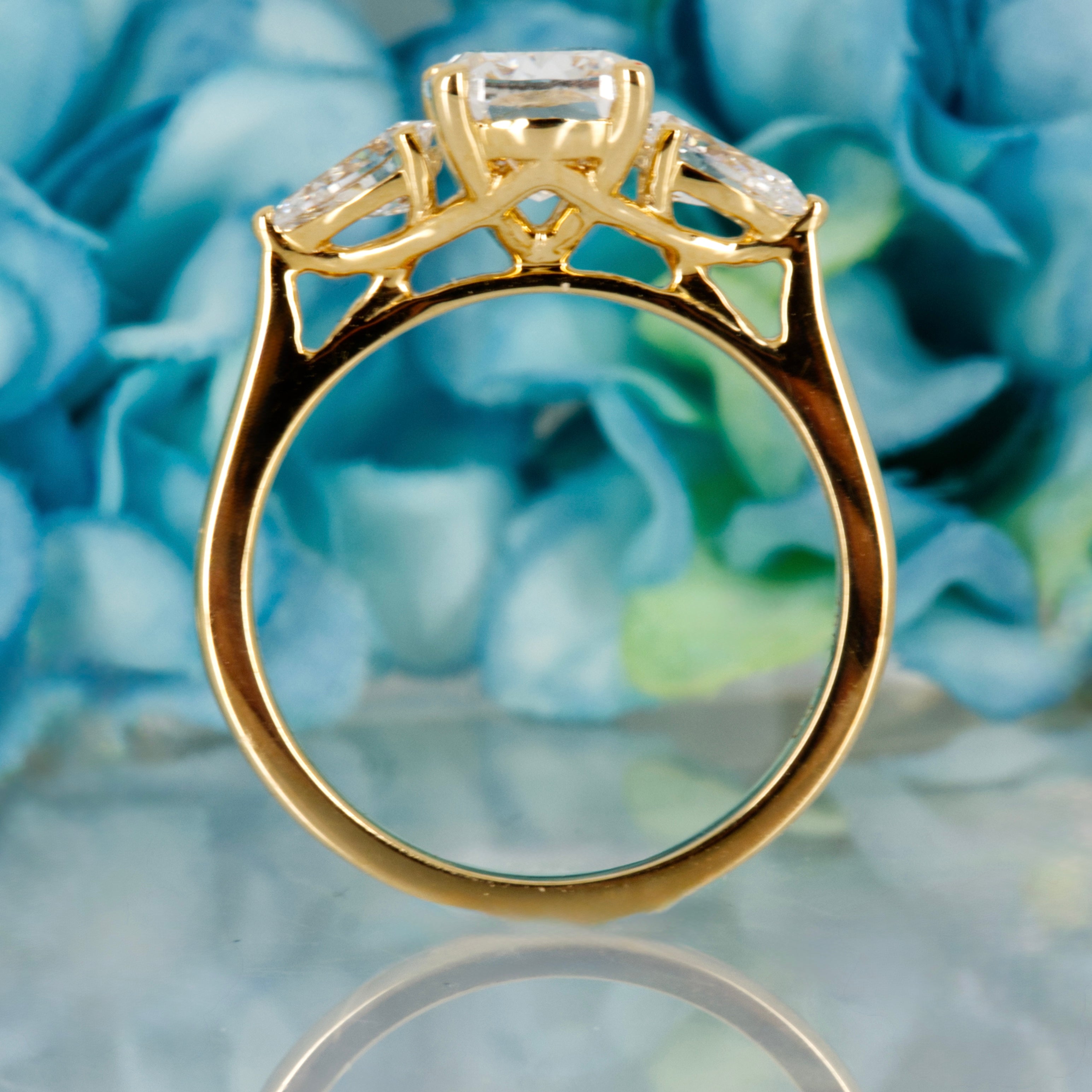 18ct Yellow Gold 2.59ct Cushion & Pear Cut Lab Grown Diamond Trilogy Ring