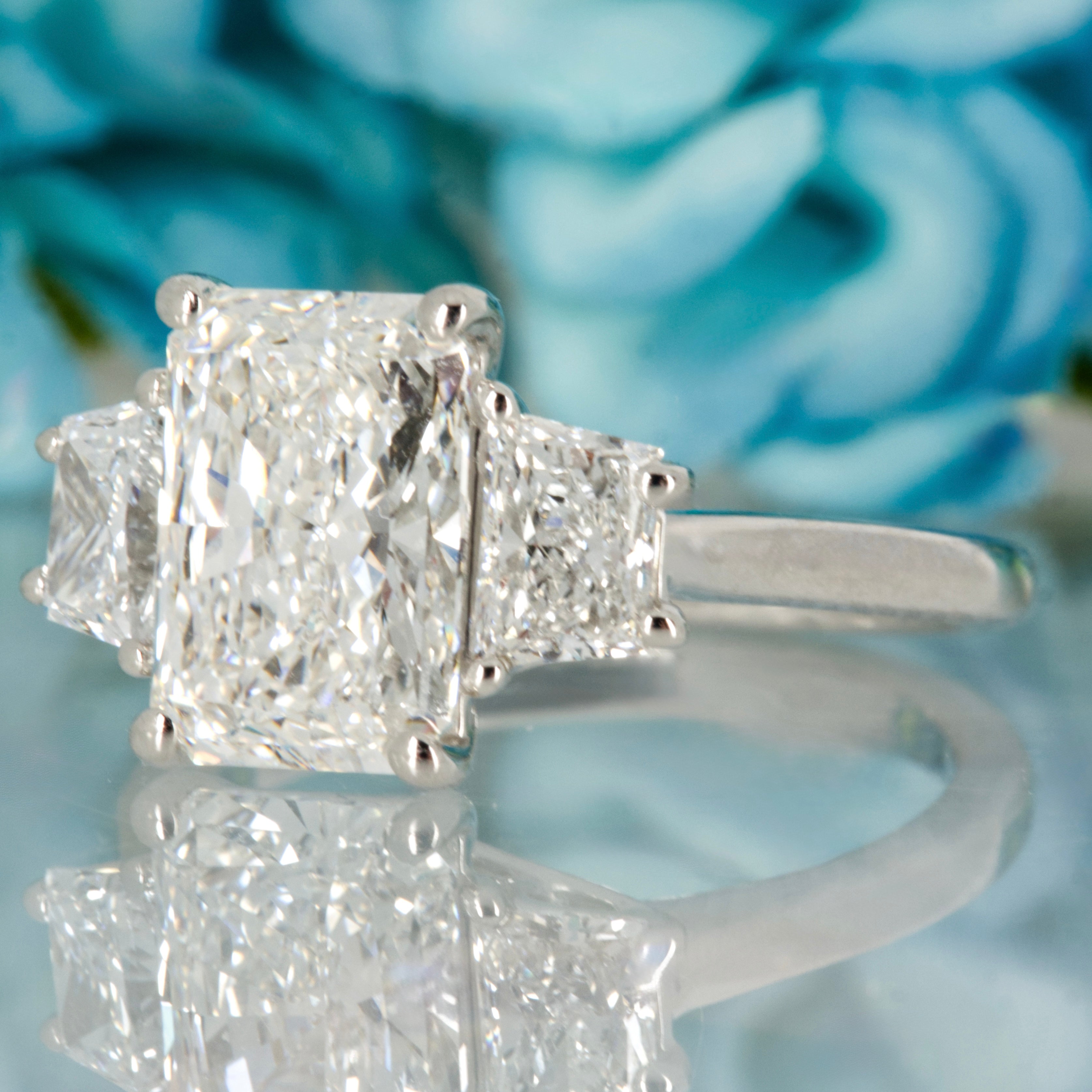 Platinum 3.25ct Radiant & Trapezium Cut Lab Grown Diamond Trilogy Ring