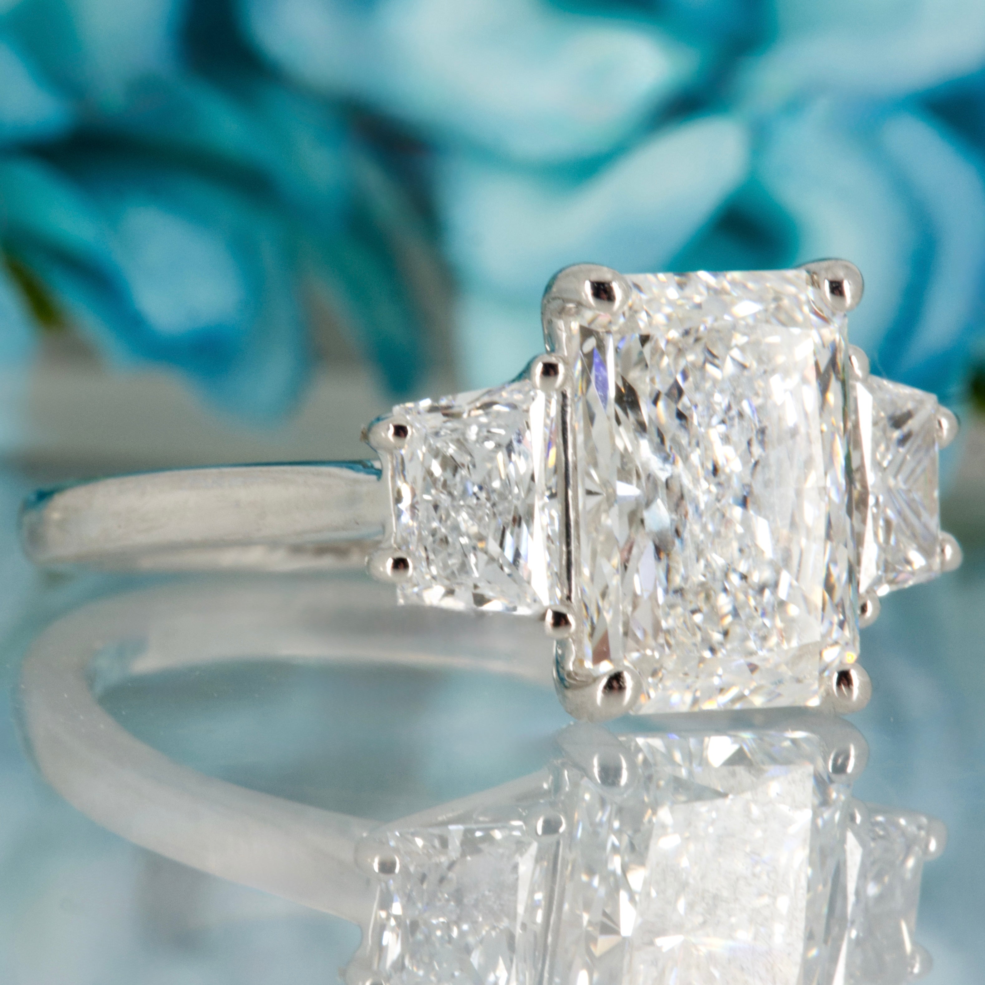 Platinum 3.25ct Radiant & Trapezium Cut Lab Grown Diamond Trilogy Ring