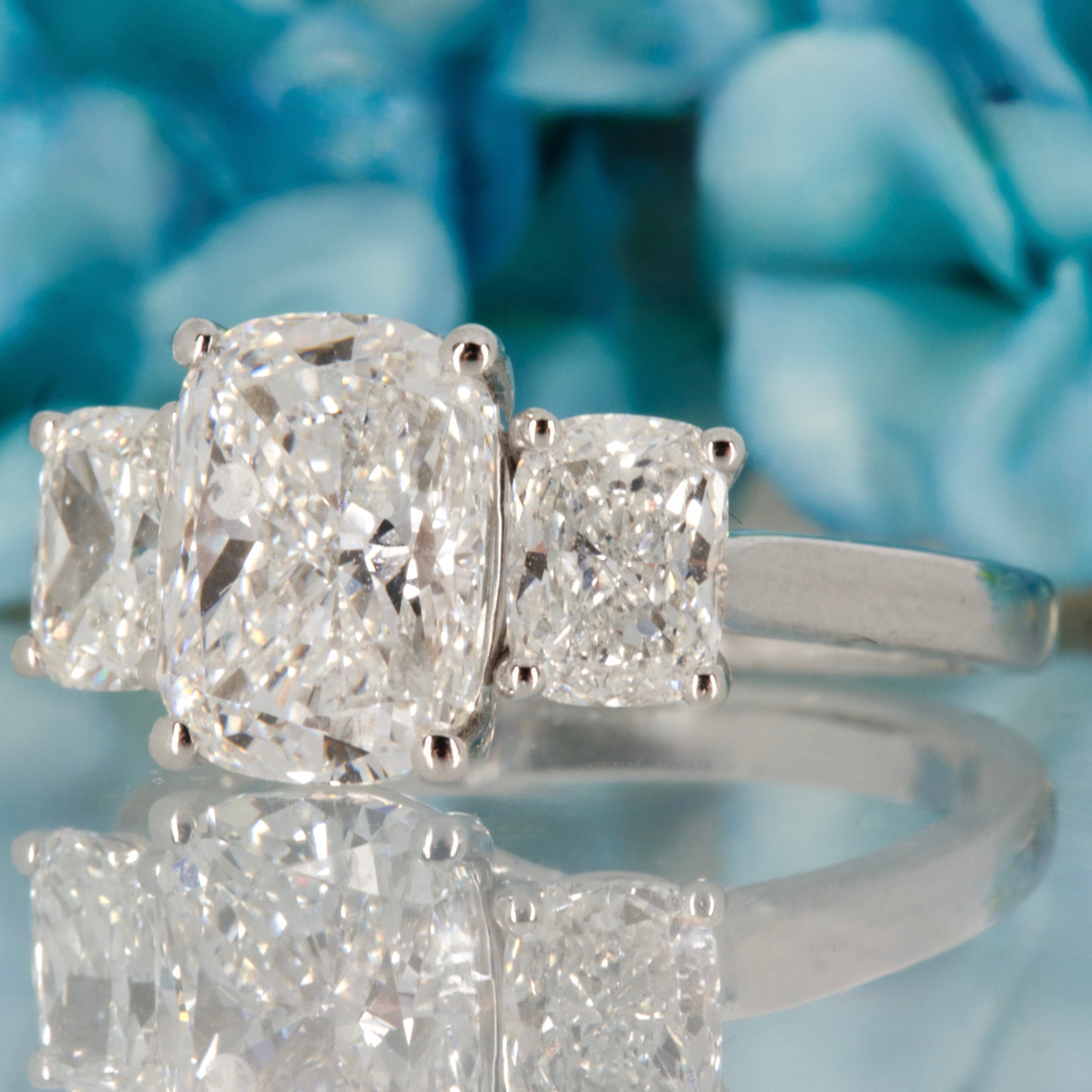Platinum 4.29ct Cushion Cut Lab Grown Diamond Trilogy Ring