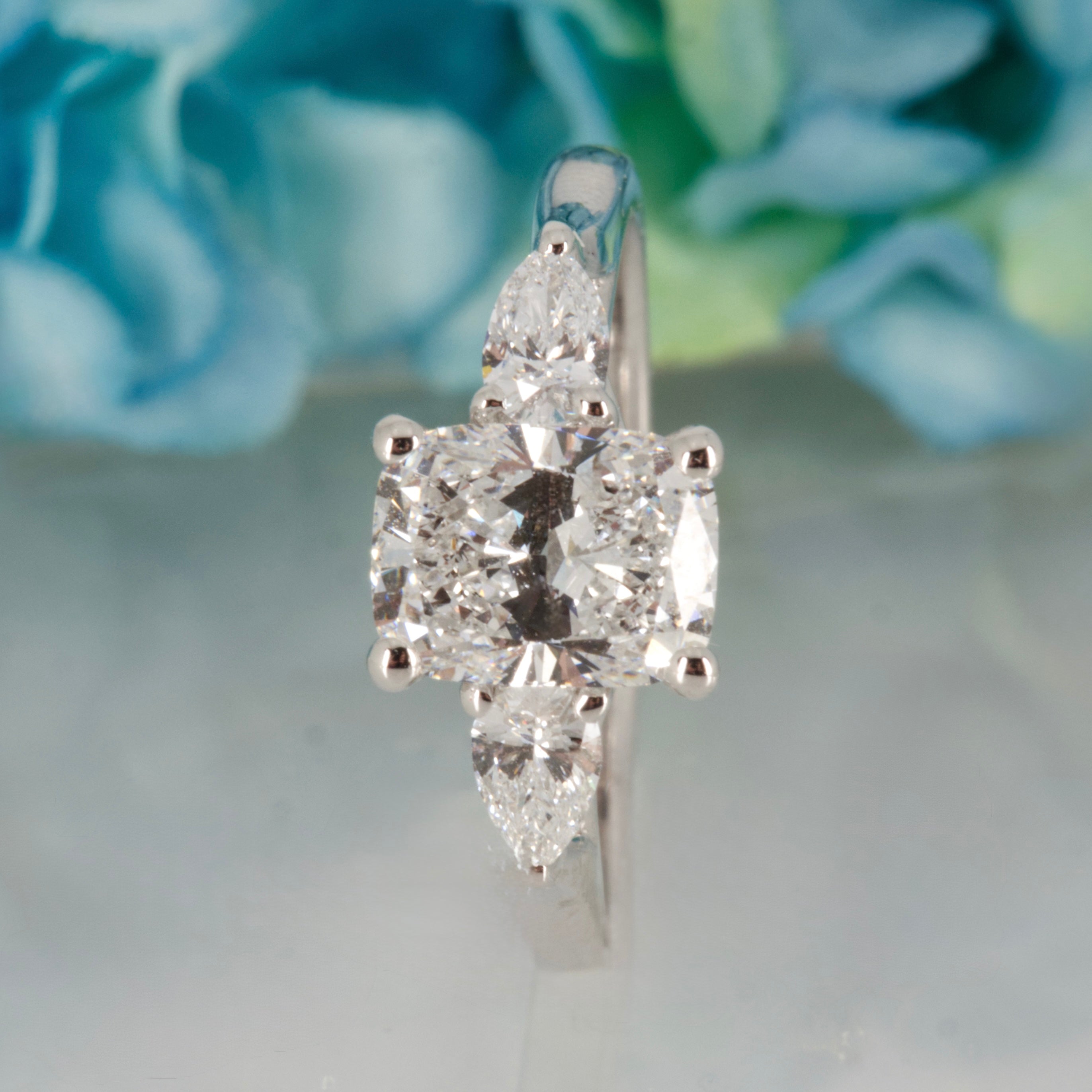 Platinum 1.83ct Cushion & Pear Cut Lab Grown Diamond Trilogy Ring