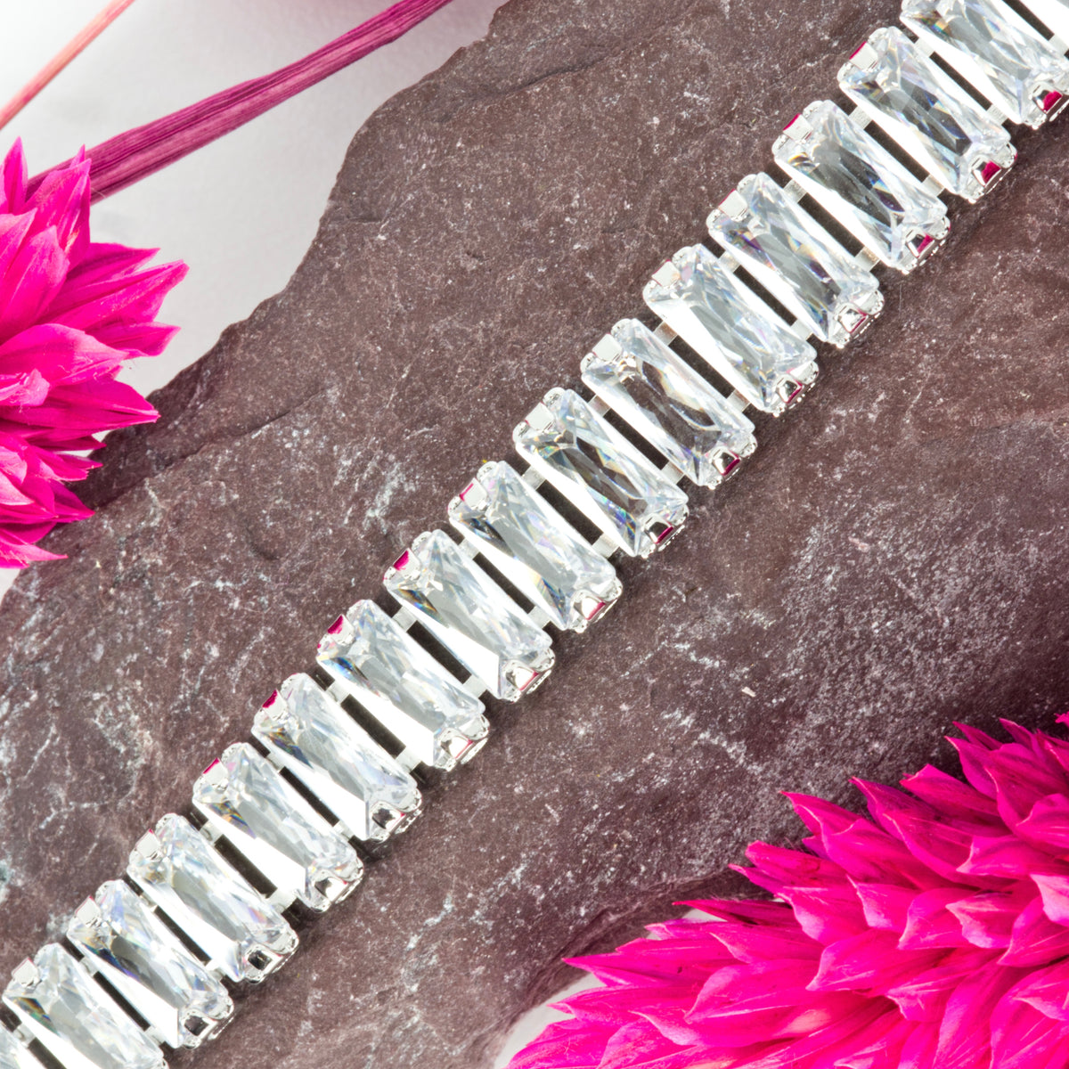 Rhodium Plated Baguette Cut Cubic Zirconia Set Tennis Bracelet
