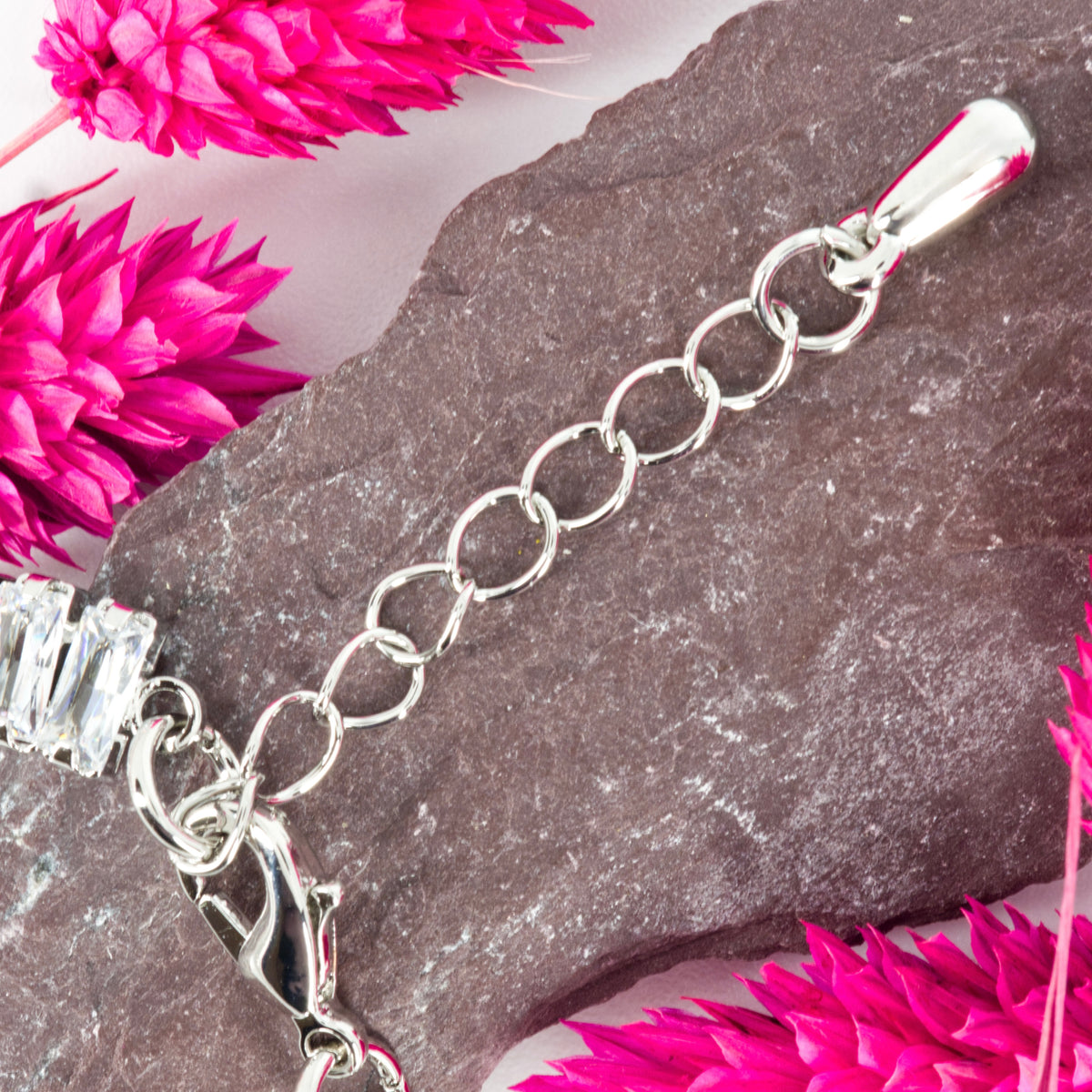 Rhodium Plated Baguette Cut Cubic Zirconia Set Tennis Bracelet