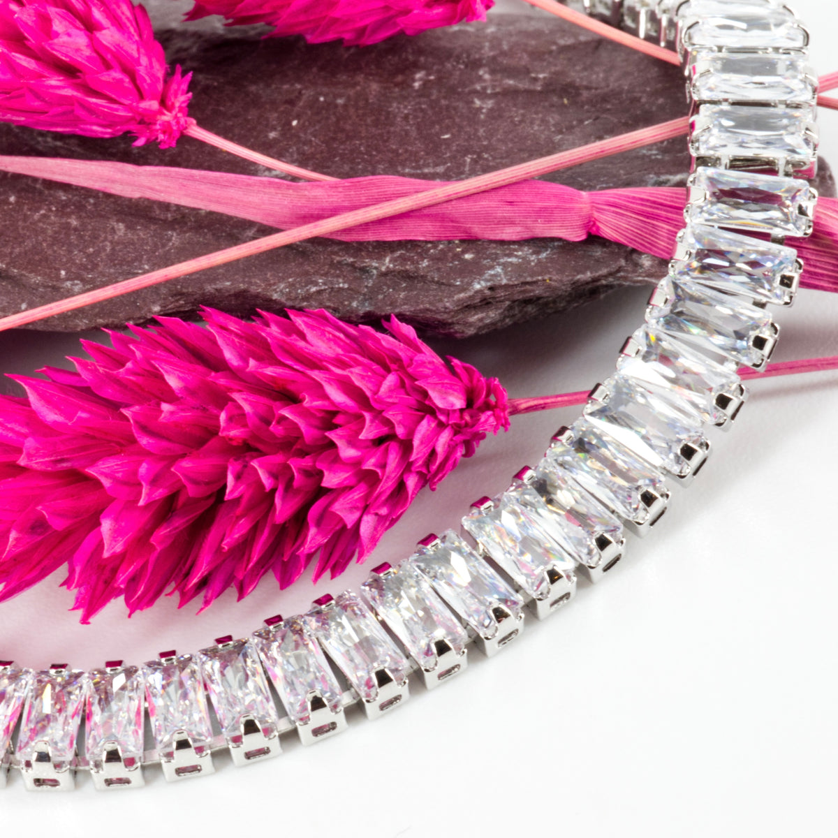 Rhodium Plated Baguette Cut Cubic Zirconia Set Tennis Bracelet