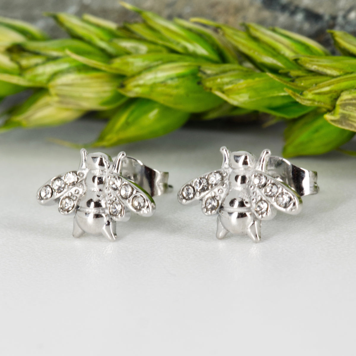 Rhodium Plated Cubic Zirconia Set Bee Stud Earrings