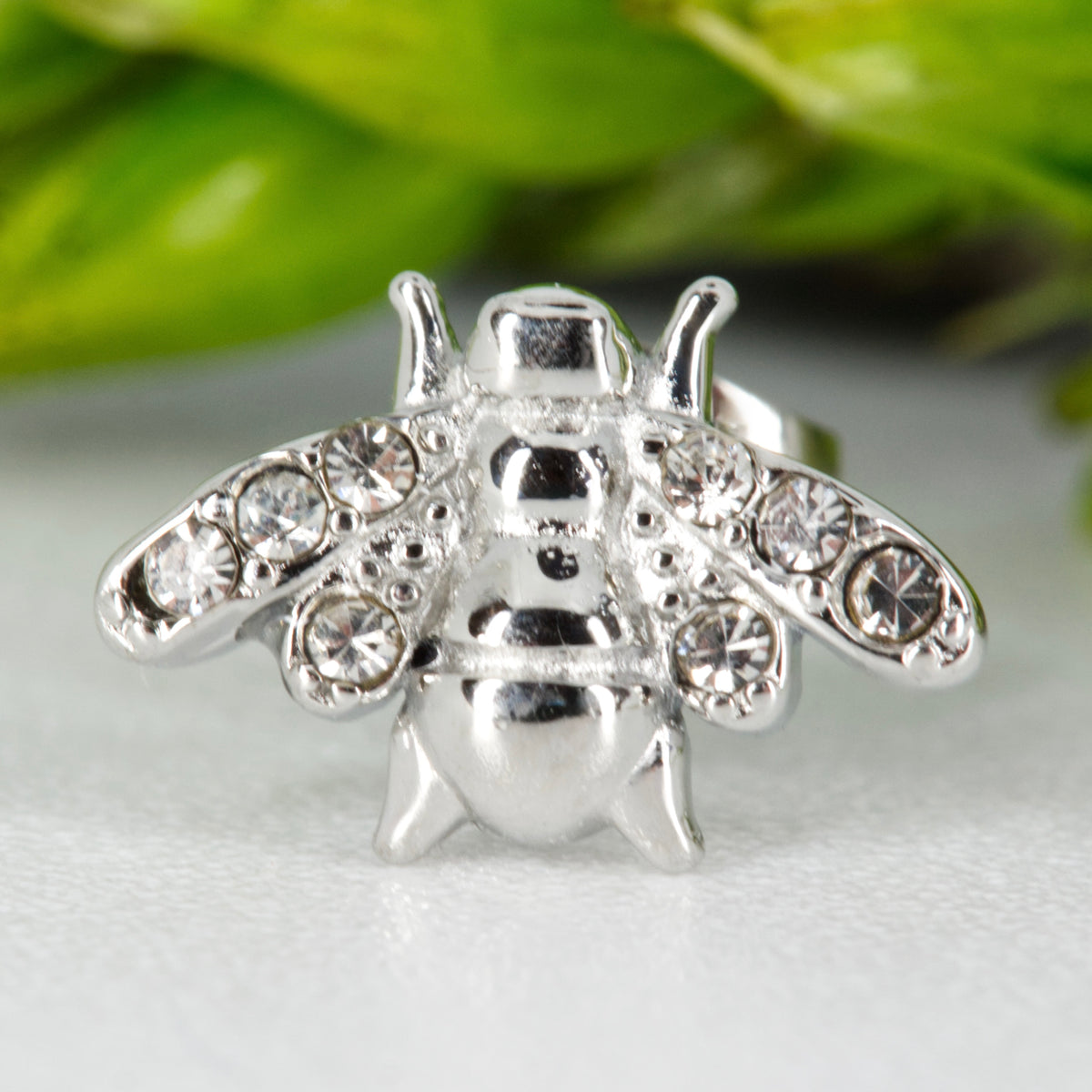 Rhodium Plated Cubic Zirconia Set Bee Stud Earrings
