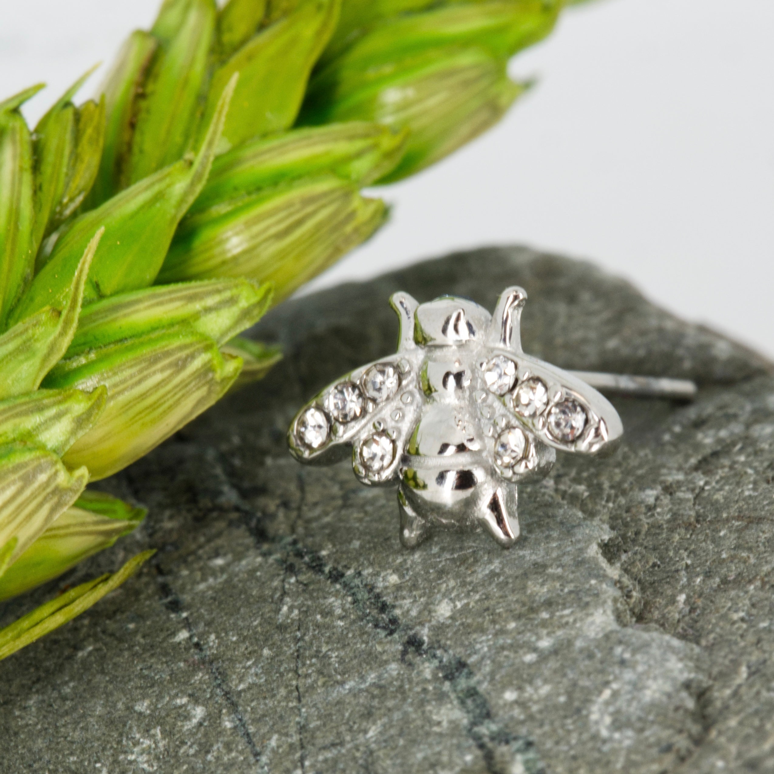 Rhodium Plated Cubic Zirconia Set Bee Stud Earrings