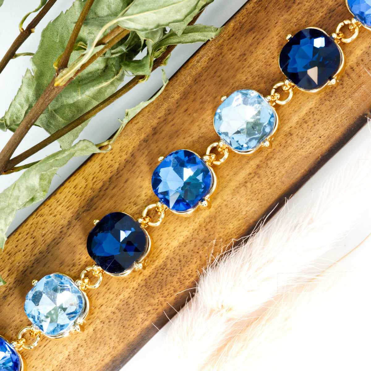 Gold Plated Cushion Cut Blue Cubic Zirconia Set Bracelet