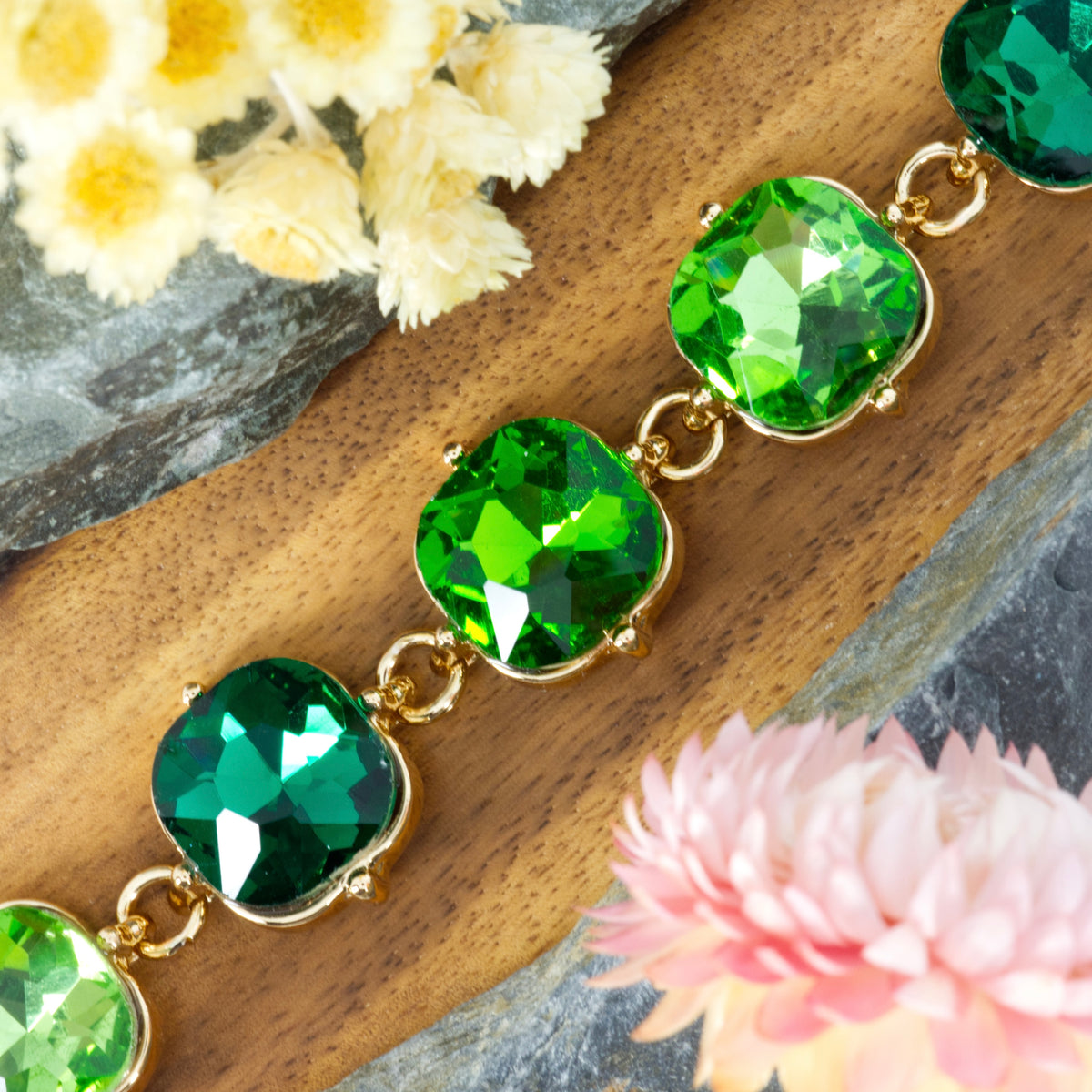 Gold Plated Cushion Shaped Green Cubic Zirconia Set Bracelet