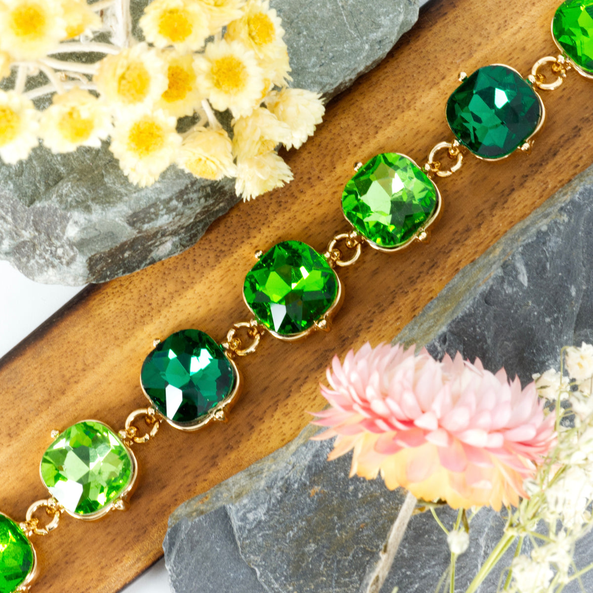 Gold Plated Cushion Shaped Green Cubic Zirconia Set Bracelet