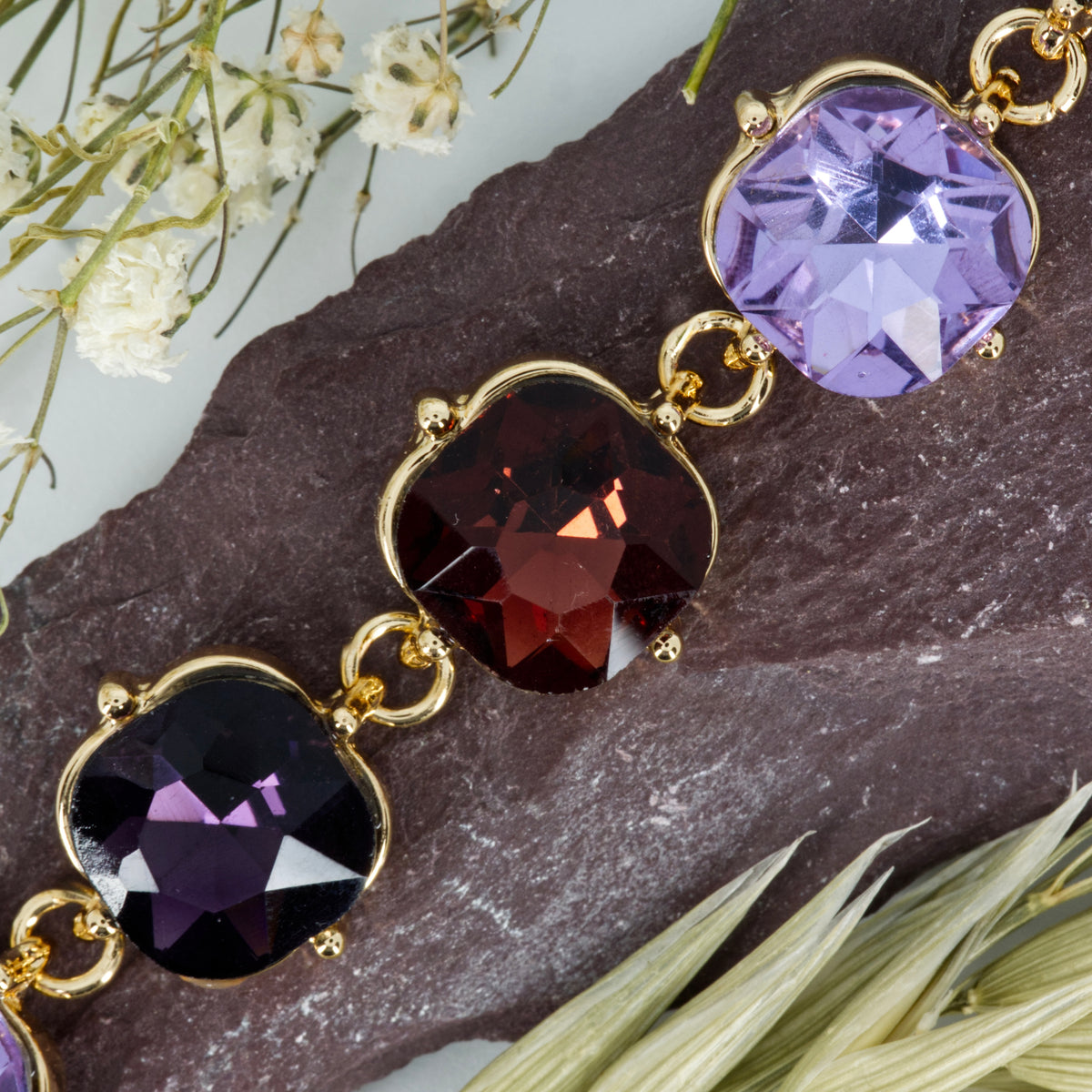 Gold Plated Cushion Shaped Purple & Dark Red Cubic Zirconia Set Bracelet