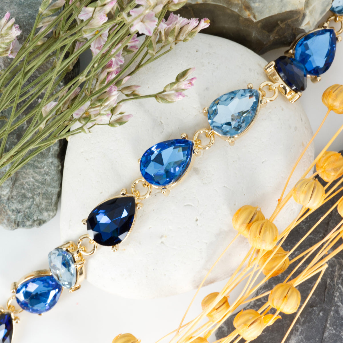 Gold Plated Pear Cut Blue Cubic Zirconia Set Bracelet