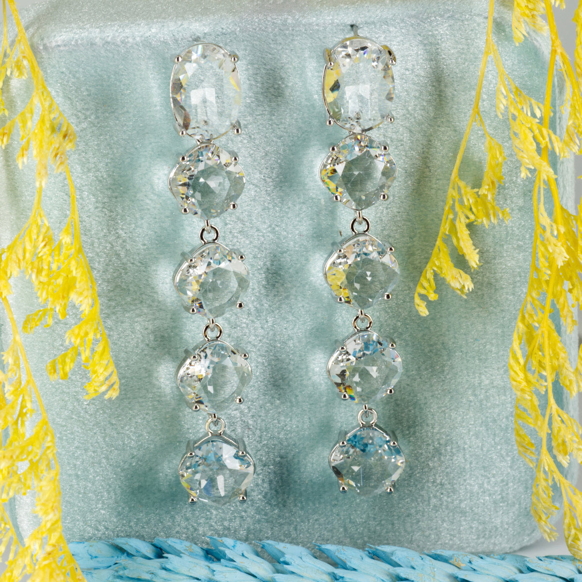 Rhodium Plated Oval & Cushion Shaped Cubic Zirconia Set Drop Earrings