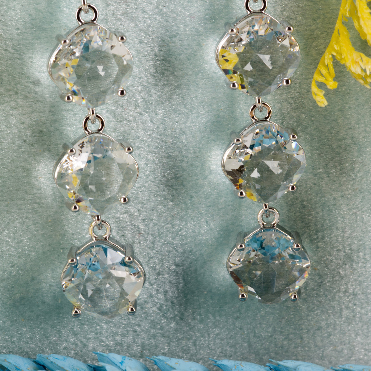 Rhodium Plated Oval & Cushion Shaped Cubic Zirconia Set Drop Earrings