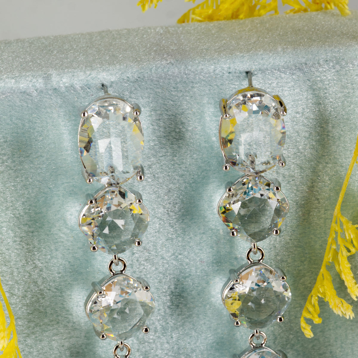 Rhodium Plated Oval & Cushion Shaped Cubic Zirconia Set Drop Earrings