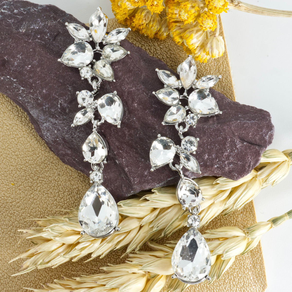 Rhodium Plated Cubic Zirconia Set Floral Drop Earrings