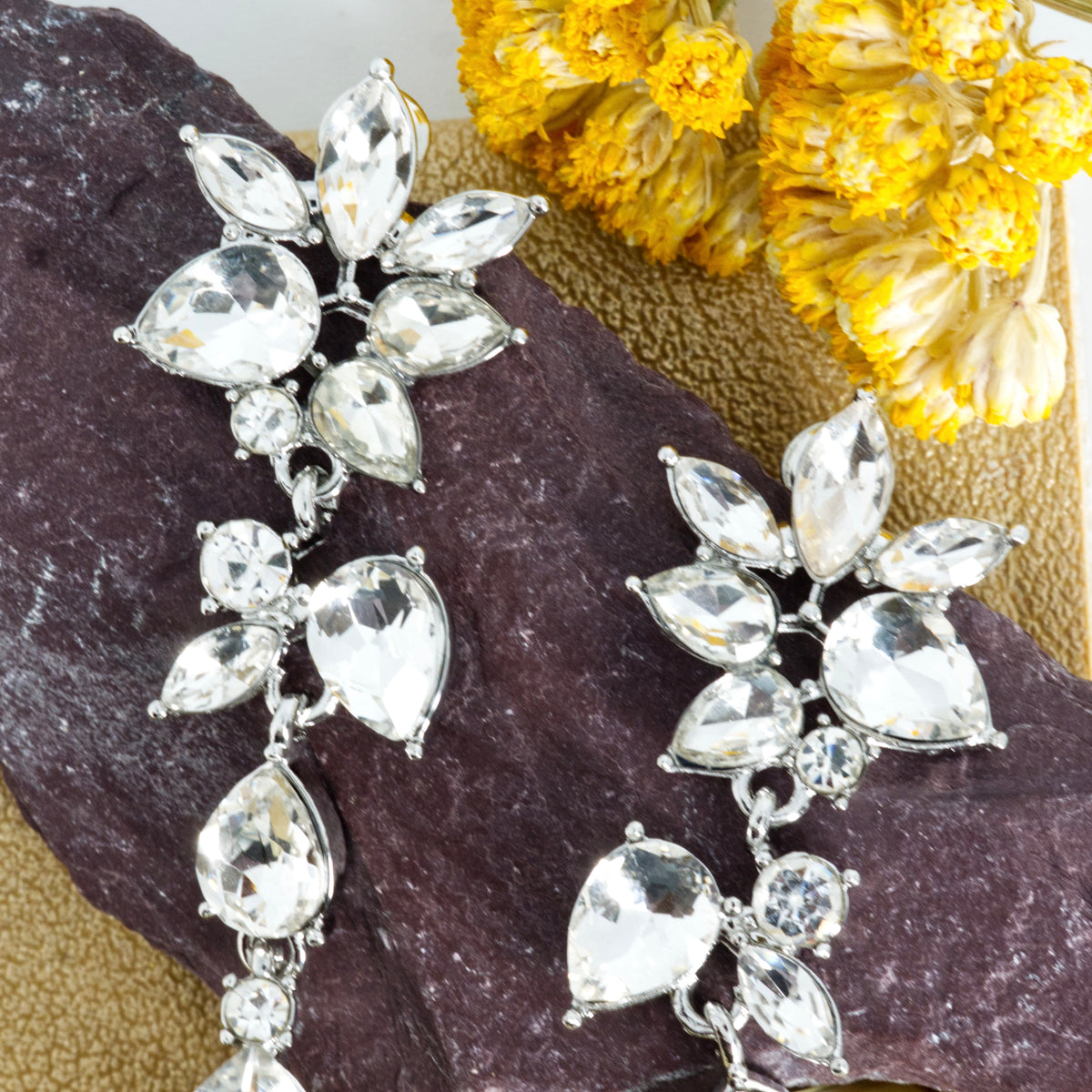 Rhodium Plated Cubic Zirconia Set Floral Drop Earrings