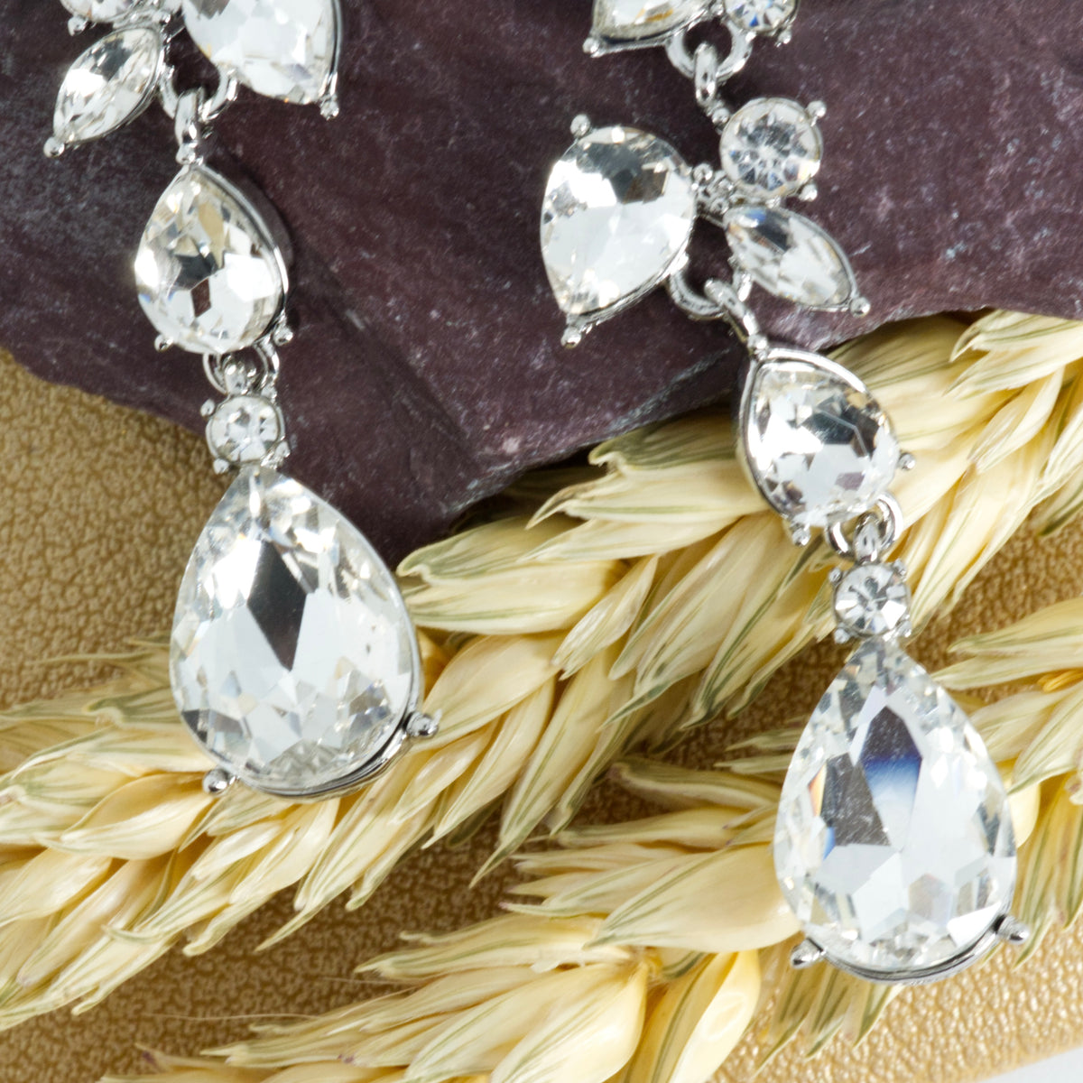 Rhodium Plated Cubic Zirconia Set Floral Drop Earrings