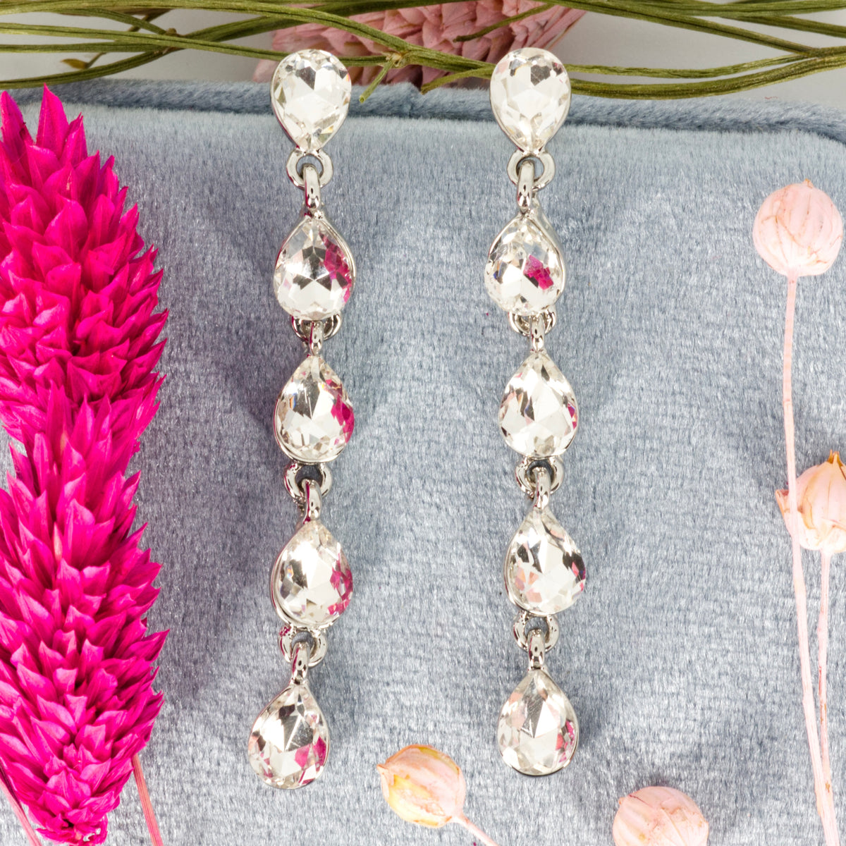 Rhodium Plated Pear Cut Cubic Zirconia Drop Earrings