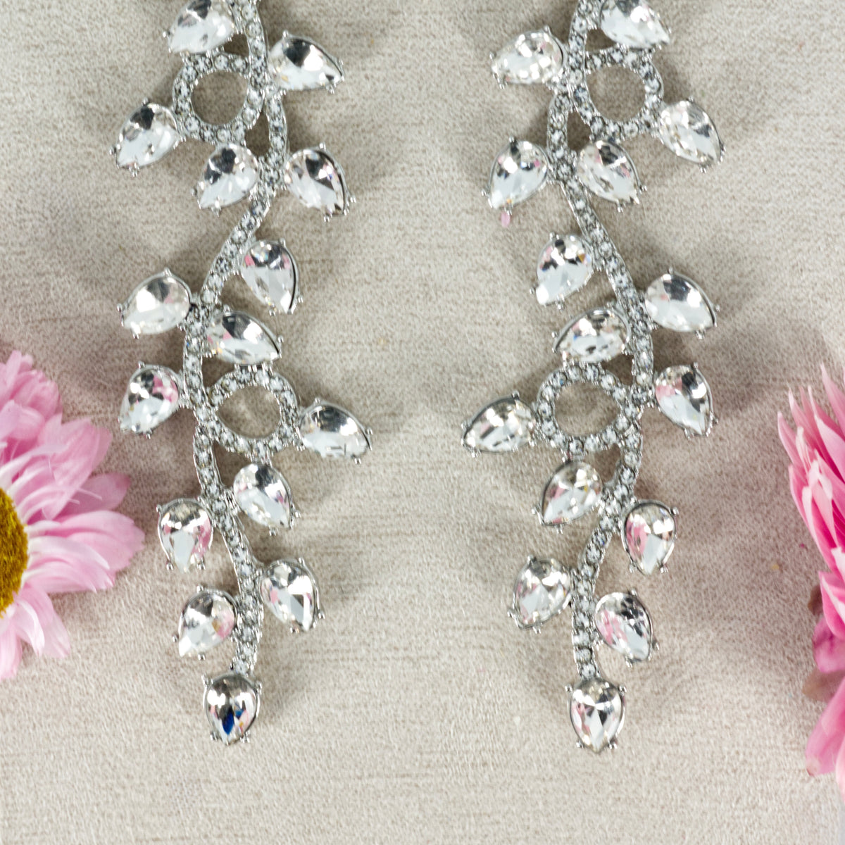 Rhodium Plated Cubic Zirconia Set Vine Drop Earrings