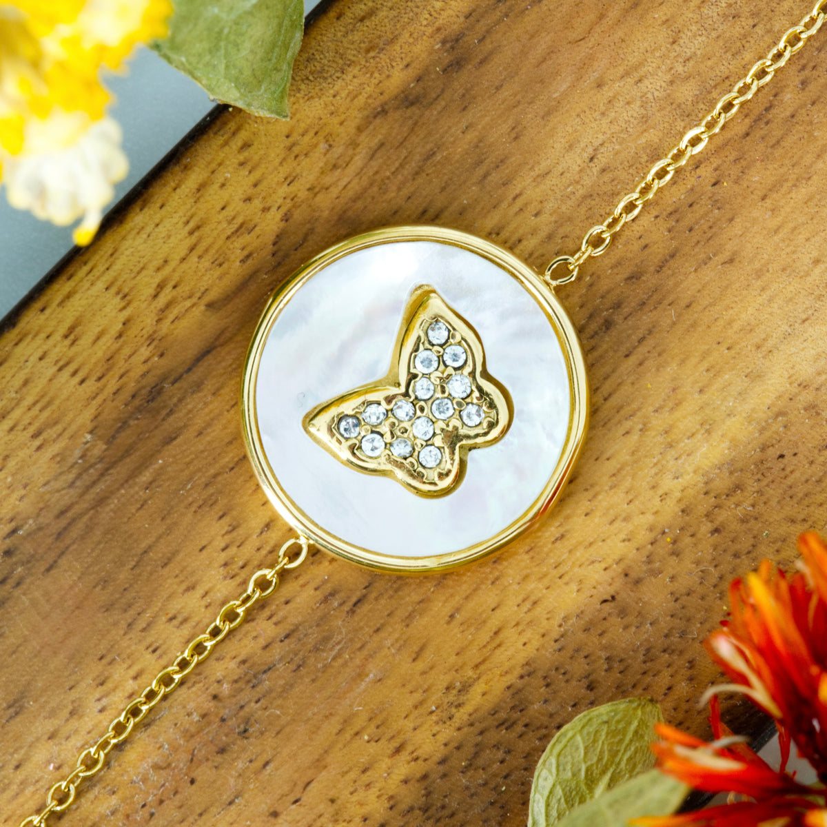 Gold Plated Mother-Of-Pearl & Cubic Zirconia Set Butterfly Bracelet