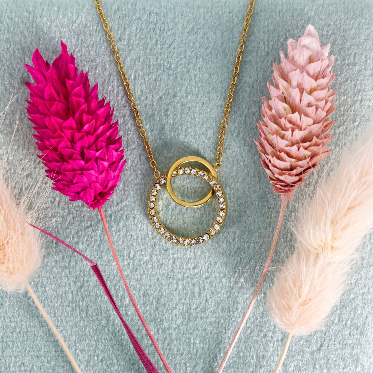 Gold Plated Cubic Zirconia Set Interlocking Circles Necklace