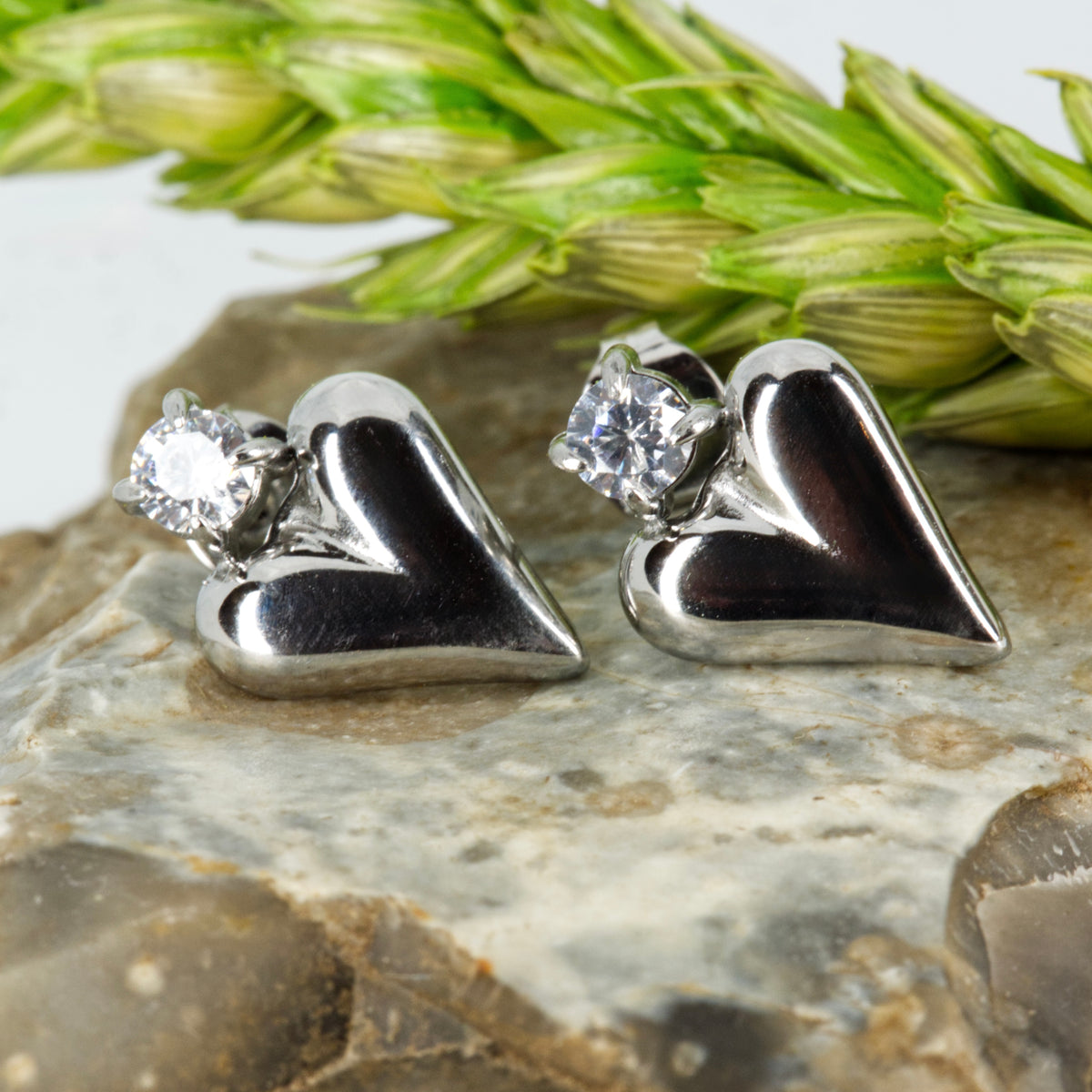 Rhodium Plated Heart & Cubic Zirconia Set Drop Earrings